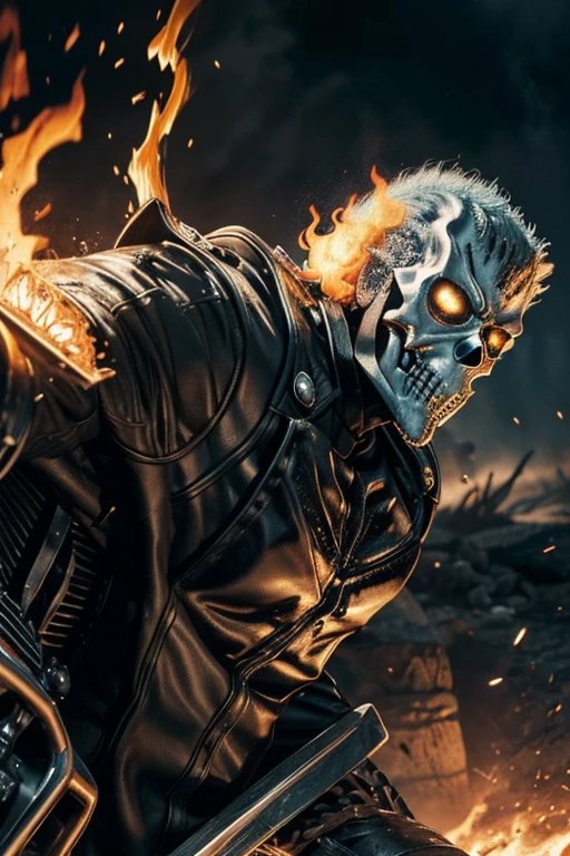 Close-up (Ghost Rider from Marvel in Viking style: 1.3) emerging from wet black mud, extremely detailed, smoke, sparks, metal shavings, flying debris, volumetric light