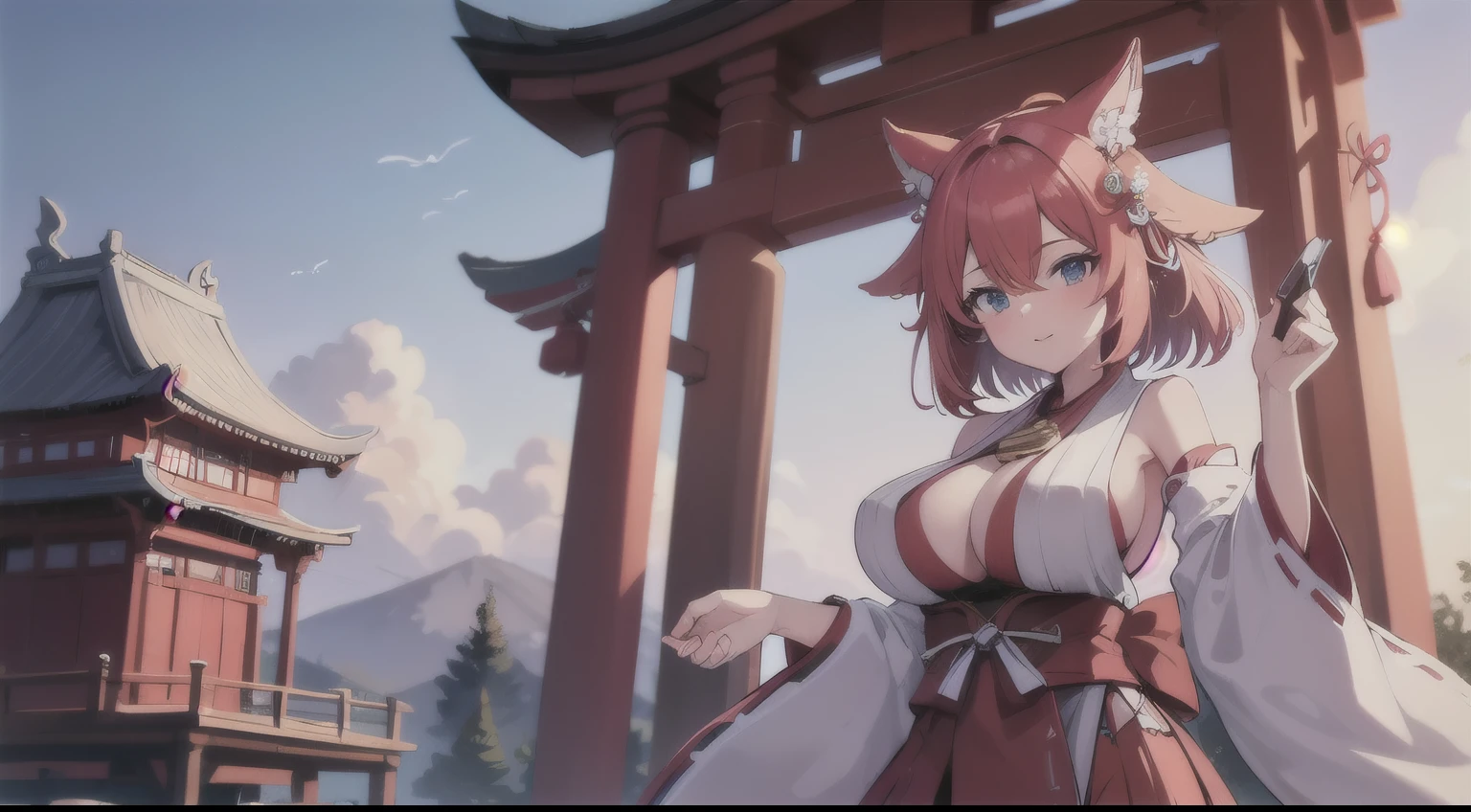 Big boobs, bob hair Red Dress, Miko, Shrine Background, 1girl, masterpiece, best quality, highly detailed