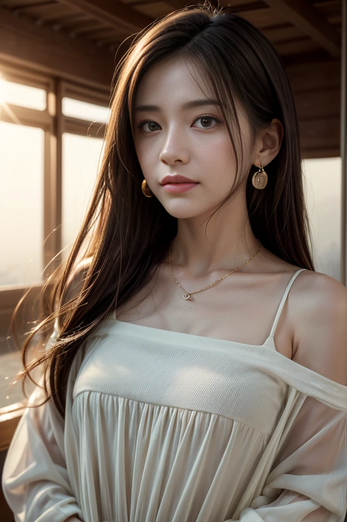 masterpiece, 超A high resolution, (Photorealistic:1.4), Raw photo, One girl posing for a photo, Wavy long hair, Earring Necklace, off shoulders, sexy smile, good lighting, Film Color Grading for Movies, heavy sunray, sunset