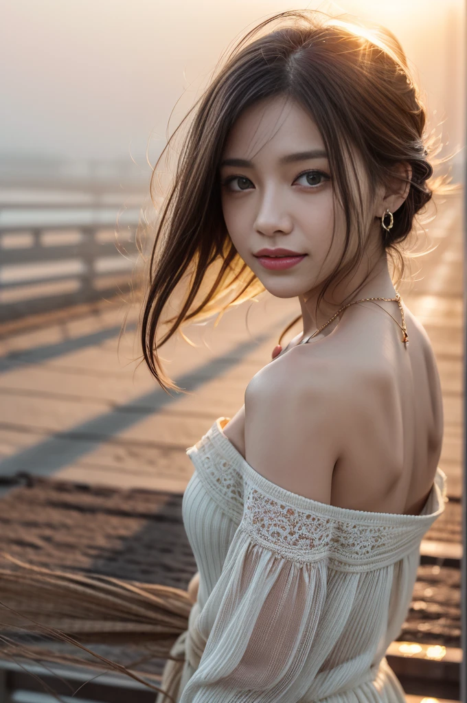 ((Photoreal Stick:1.5, masutepiece:1.5, RAW shooting, 8K)), ((top-quality, ​masterpiece, 超A high resolution)), early morning, sunrises, ((Shoot with blur:1.7)), ((fog the lens:1.6)), ((reflect light onto the lens:1.6)), ((Sunlight coming in from behind:1.7, The sunlight of the morning sun spreads across the screen:1.7)), ((The morning sun shines in front of the woman:1.8)), ((The entire screen appears white and hazy:1.8)), ((The woman looks dim in the morning sunlight:1.9)), Face Sharp Focus:1.3, Professional camera work:1.3, Highly detailed skin and facial texture:1.3, Grow Light Effect, The ultra-detailliert:1.3, 1girl in, Fair skin, (Sense of clarity:1.4, a small face), Extremely beautiful face:1.5, (Sense of clarityを感じる目:0.9, looking distantly), A smile:1.0, i love you completely:0.8, (Slightly open mouth:0.4, Sense of clarityを感じる口当たり:0.7), 二重まぶた, Dark brown medium hair, necklace and earrings