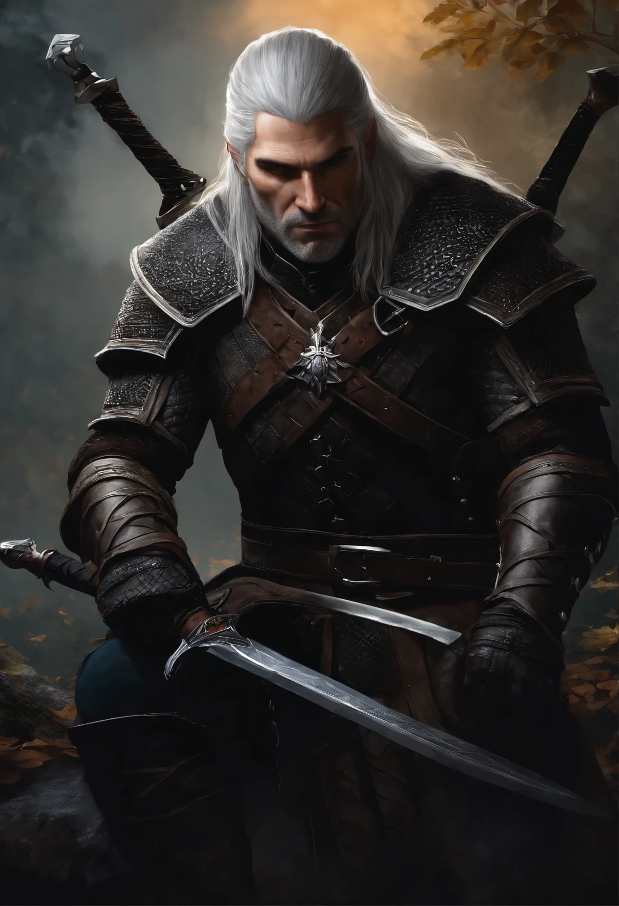 painting of a man with a sword and a dragon, Geralt (Disambiguation) of rivia, portrait of Geralt (Disambiguation) of rivia, Witcher)), the Witcher concept art, Geralt (Disambiguation), the Witcher, Witcher, human and dragon fusion, graphic artist magali villeneuve, epic fantasy art portrait, epic fantasy character art, Geralt (Disambiguation) of rivia in dark souls