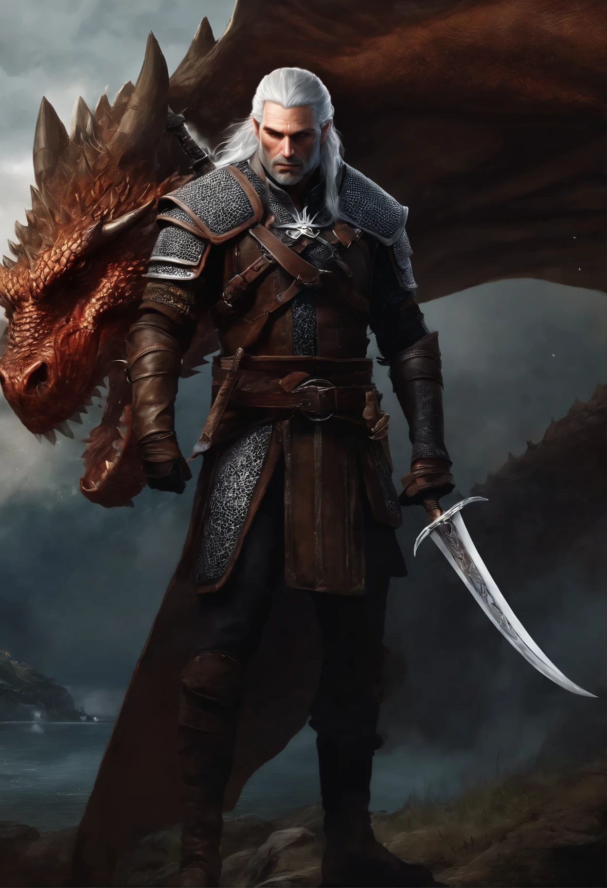 painting of a man with a sword and a dragon, Geralt (Disambiguation) of rivia, portrait of Geralt (Disambiguation) of rivia, Witcher)), the Witcher concept art, Geralt (Disambiguation), the Witcher, Witcher, human and dragon fusion, graphic artist magali villeneuve, epic fantasy art portrait, epic fantasy character art, Geralt (Disambiguation) of rivia in dark souls