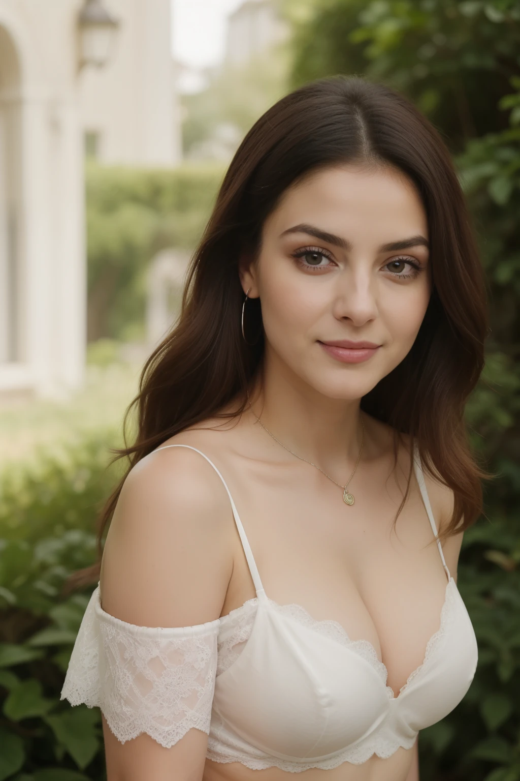 cena do dia, Close up foto de Maya Ali sexy, bochechas grandes, Curvy, Umbigo sexy, olhos piscando, biting lips, curvando-se sobre o espectador em um jardim, Off the shoulder straps hood neck lace bra, decote de corte profundo, figura perfeita, seios arrebatadores, clivagem profunda, cabelo de rabo de cavalo, colar, Olhe para o espectador e sorria, (cinemactic:1.3), detalhes intrincados, (art-station:1.2)