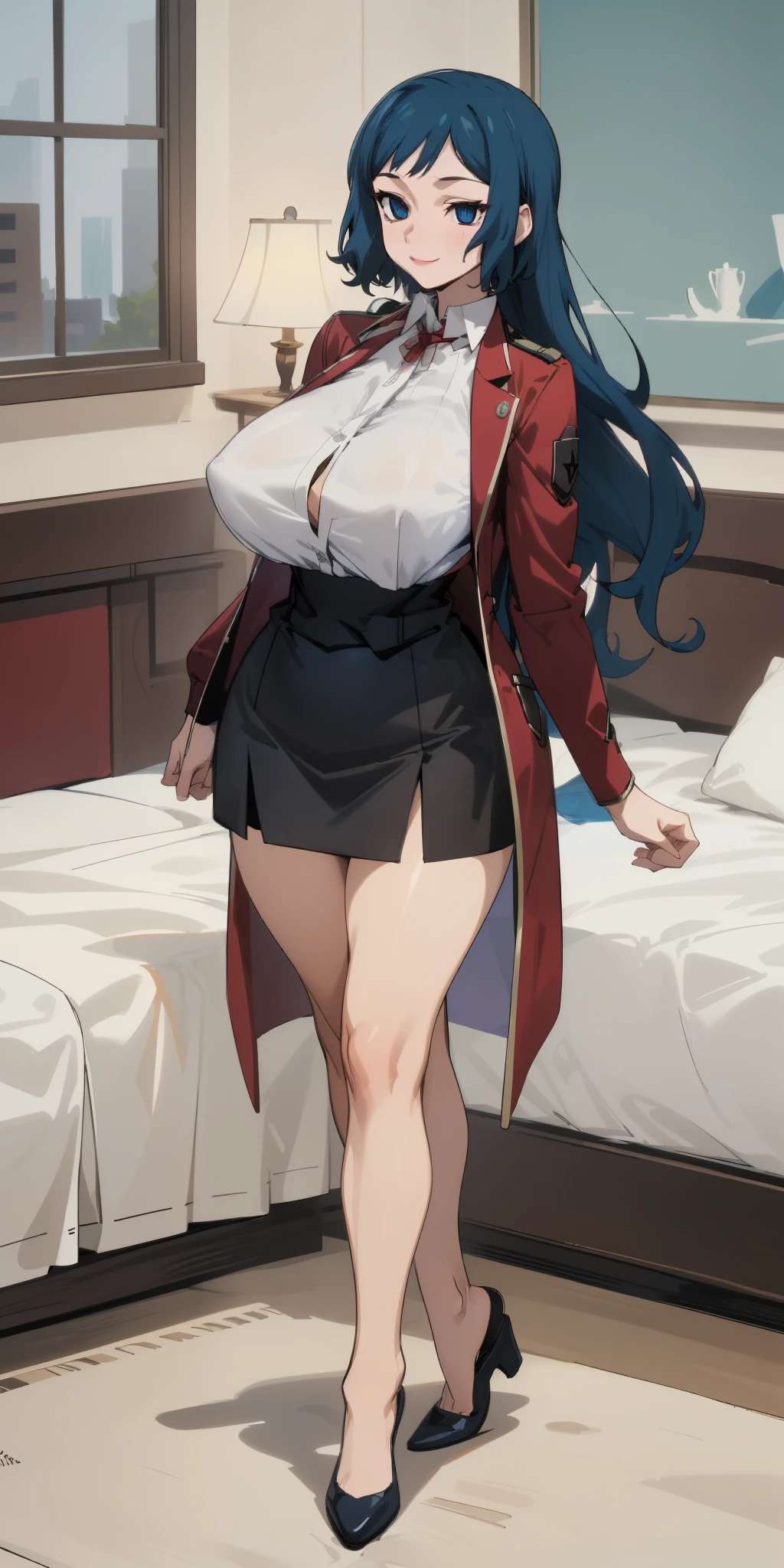 (Masterpiece),Best Quality, ultra-detailed, perfect hands,perfect legs, Delicate eye expression, 1girl (rinko_iori, Sexy, A voluptuous and sexy body, huge breasts, naked body, dark blue hair, long hair, blue eyes (empty eye)),closed mouth(wicked smile), solo, nude,full body,red jacket, white shirts, red tight miniskirt, brown stocking, , Late at night, in a bedroom, standing, Sexy waist teasing ,