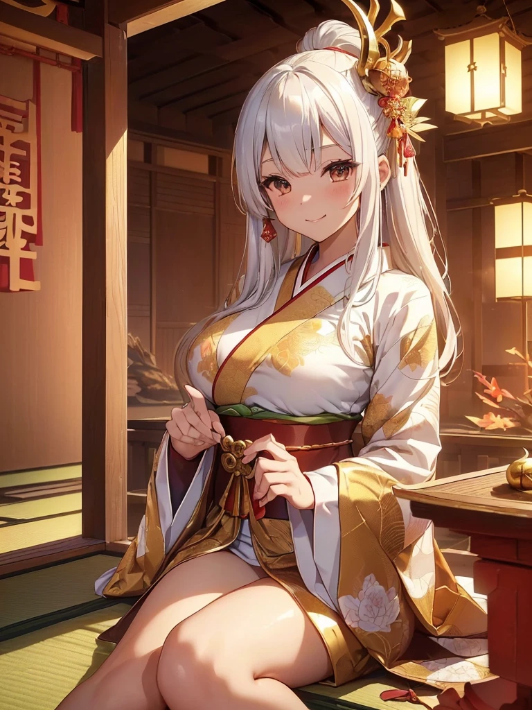 top-quality、Top image quality、Dagashi Teru Piece、Super beautiful Japanese beauty((24 year old、Japan kimono、Best Bust、big bast、Bust 90,beautiful long ironed hair、silber hair、White hair、Kanzashi、A slender、a closeup、Esbian、Beautiful Japan hair、Kanzashi、hiquality、Beautiful Art、morning、Superb Piece、visualart、depth of fields、low angles、devil of light、Happy smile、Gentle light、、Beautiful legs that are gentle on the skin、、、Number of fingers to achieve precise finger movements、ティッカーBeautiful decoration、elegent、Mystical Palace of the Japan、japanese temples、、Beautiful decoration,Japan Kimono 1.3,、japanese art on behance、shenronの模様、shenronの装飾、Dragon Decoration、、Painting by Sotatsu Tawaraya、screen、gold foil、神shenron、New Year、Happy New Year⛩、sunrises、morningの瞬間、Inside the shrine、金screen、cute shenron、shenron、gold foil、screenの前、Tatami room、kyoto palace、Kyoto Imperial Palace