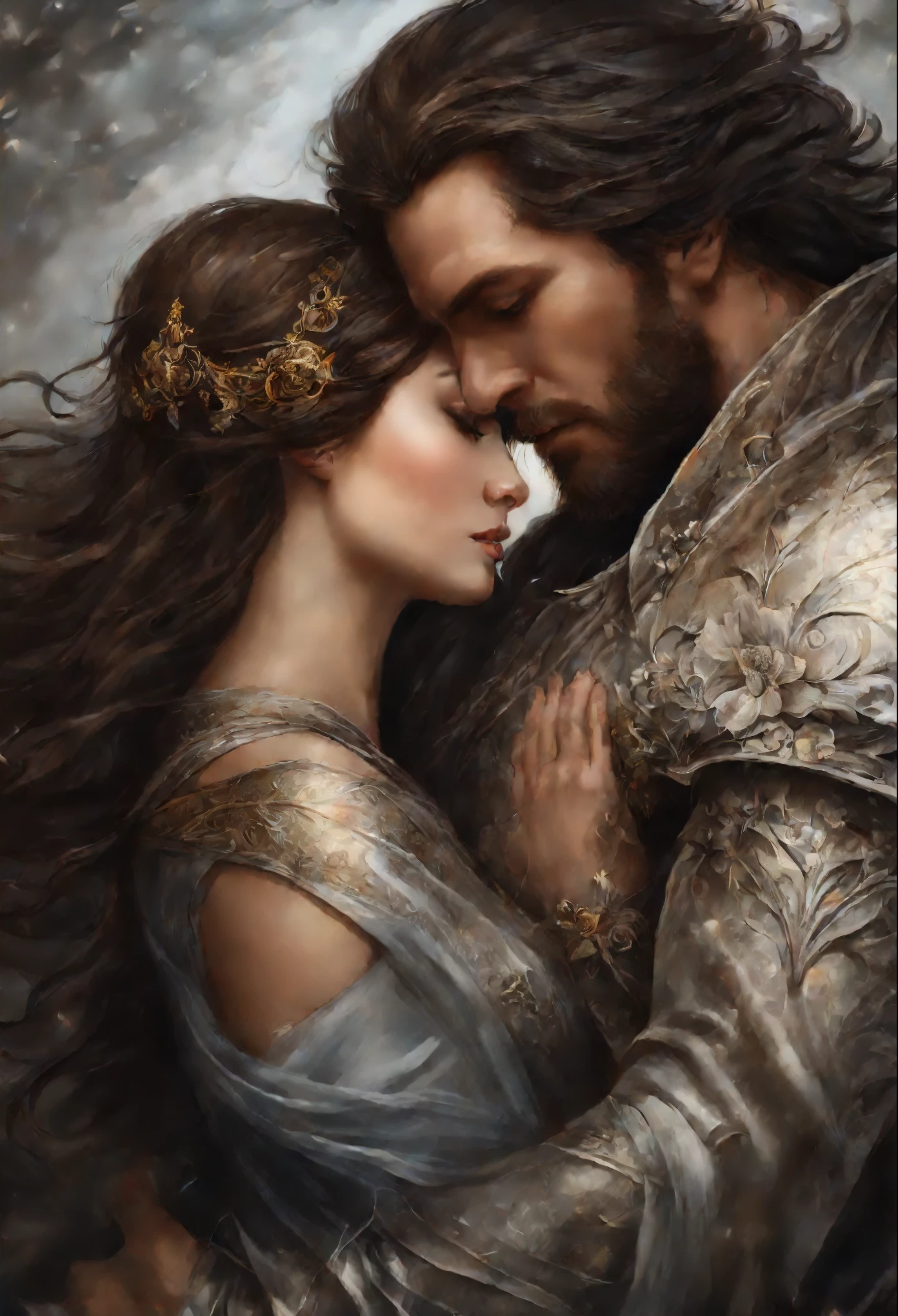 close-up of a woman with brown curls, hugging a gray-haired man, girl with brown hair + Gray-haired man, epic fantasy style art, dark fantasy style art, detailed fanart, Portrait in fantasy style, artistic portrait in epic fantasy style, graphic artist magali villeneuve, мужской Portrait in fantasy style, Man with Dragon Soul, epic fantasy style art, epic fantasy digital art style