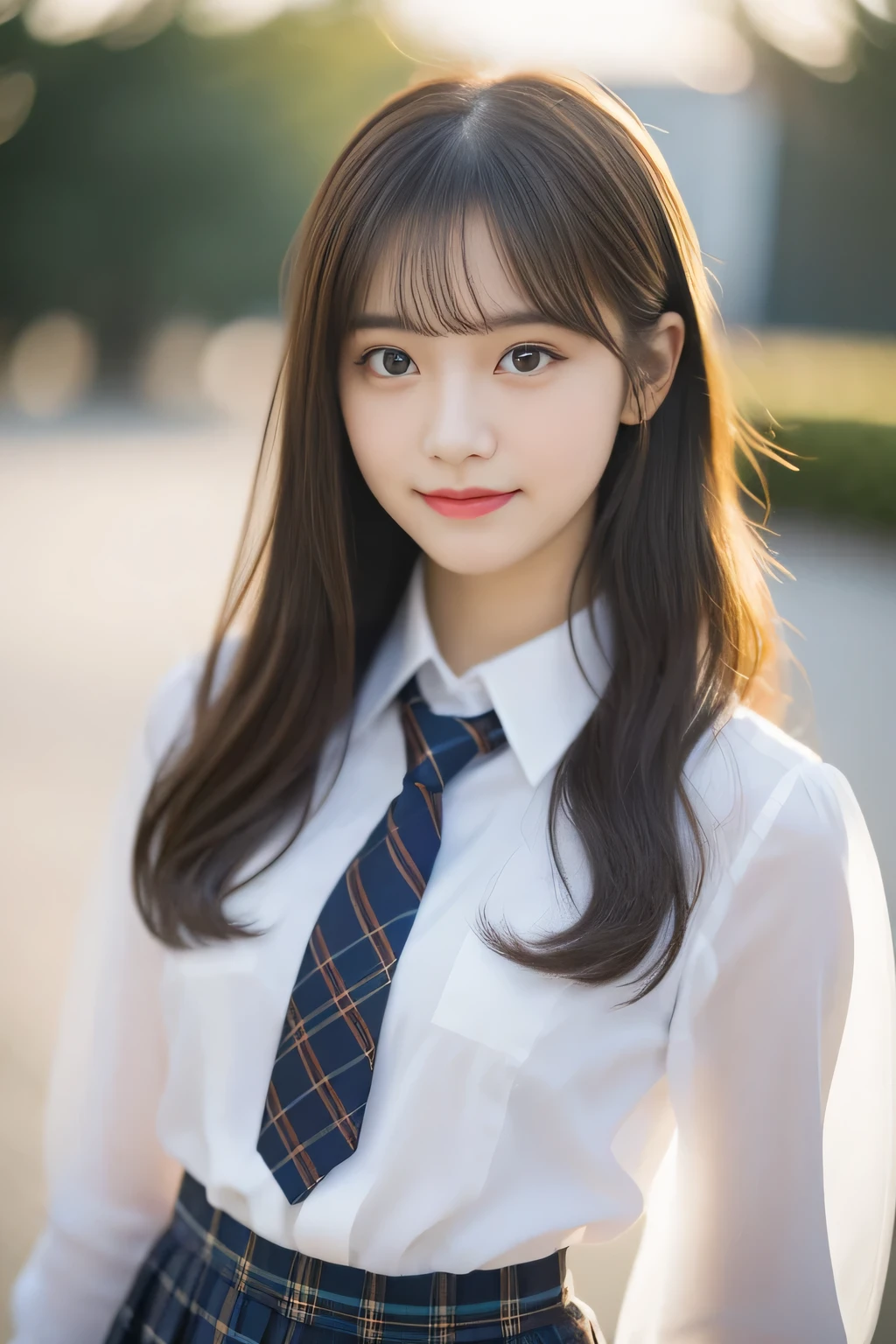 tmasterpiece,top-quality,offcial art,High Definition CG Unity 8K Wallpaper High School Girl,Very delicate beautiful,超hight resolution,(realisticlying:1.4),Golden Hour Lighting,(full body Esbian),in class room,(Platinum Shorthair:0.8),(Pretty eyes),looking at viewert,facing front,Twin-tailed hair, ssmile,JK Skirt(Plaid),Petite bust,high-school uniform,neck tie, tmasterpiece, best qualtiy, RAW photogr, realisticlying, faces, incredibly absurd res, depth of fields, hight resolution, ultra - detailed, finedetail, Very detailed, 非常に詳細な目とfaces, Sharp pupils, pupil realistic, tack sharp focus, cinmatic lighting, Idol style、Super Cute:1.2、A dark-haired、bangss、Lips are natural color、