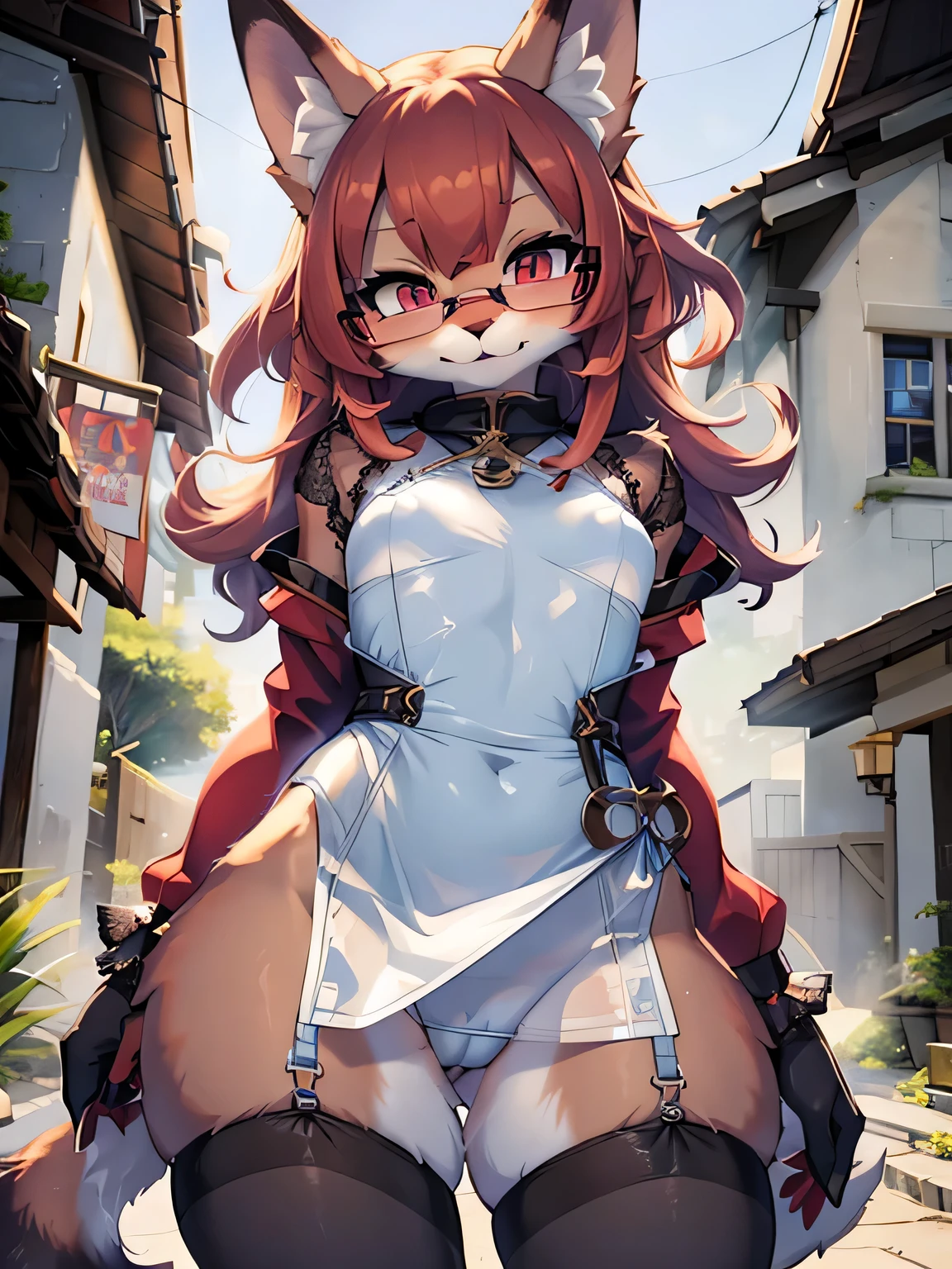 fox furry girl with short red hair, fluffy hair shy, beautiful red eyes, wearing glasses, very fluffy tail, small chest, , happy , happy mouth, young body, Good girl, wearing a cute purple modest cute outfit, leaning over, cheering, in front of a house, being adorable, proud girl, wanting to be loved, low perspective, back perspective, girl in a string bikini with a fox tail, female furry mini cute style, holo is a wolf girl, dress, furry brown body!!, holo if a wolf girl!!!, furry, fox tail, swimsuit, furry art!!!, small curvy loli, Camel toe is very obvious, The nipple contour is pronounced, small breast, fishnet stockings wrap the thighs, absurdly long hair, erotic, Sci-fi, (small breast), beautiful clothes , Lace, lace trims, lace clothing, lace clothing thick thighs!!, china dress