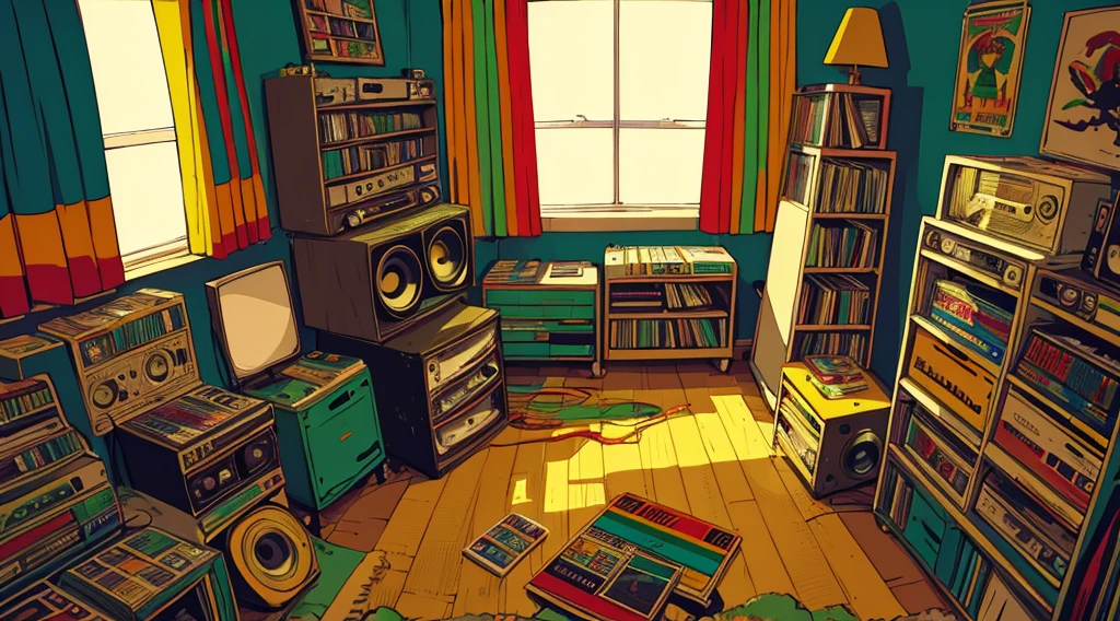 (reggae cassette tapes and records), (room with big speakers, rasta color curtains), (low contrast, flat color, limited palette)