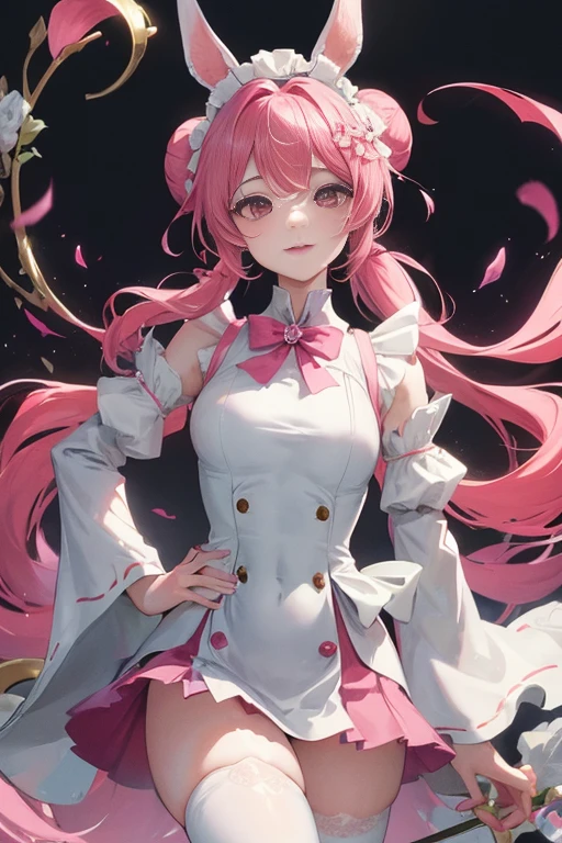 tmasterpiece、Need、1 female student、White cloth bun bun bun、Shoulder leakage、The chest is large、chubbiness、ssmile、upper legs,pale pink lip、posing at school,legs are open, 独奏,the maid outfit,looking at viewert, (upper legs粗:1.0),Yazawa Nico,red eyes, face flushed,Blunt hair,both hands on hip,Wide buttock,greet,Flower headdress,