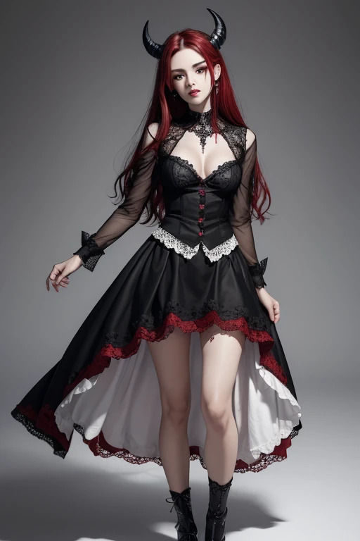 ((Masterpiece: 1.4, Best Quality))+,(Ultra Detail)+, Official Art, Unity 8k Wallpaper, Ultra Detailed, Beautiful, High Quality, Beautiful, Masterpiece, Best Quality, (Flat Chest), Full Body, Standing Painting, White Background, Red Straight Hair, Gloomy Eyes, Black Little Snake, White Theme, Red Jewelry, Studs, Black Lace Flats, Asymmetrical Skirt, Blood Stains on Skirt, Devil, Skeleton, Lots of Lace