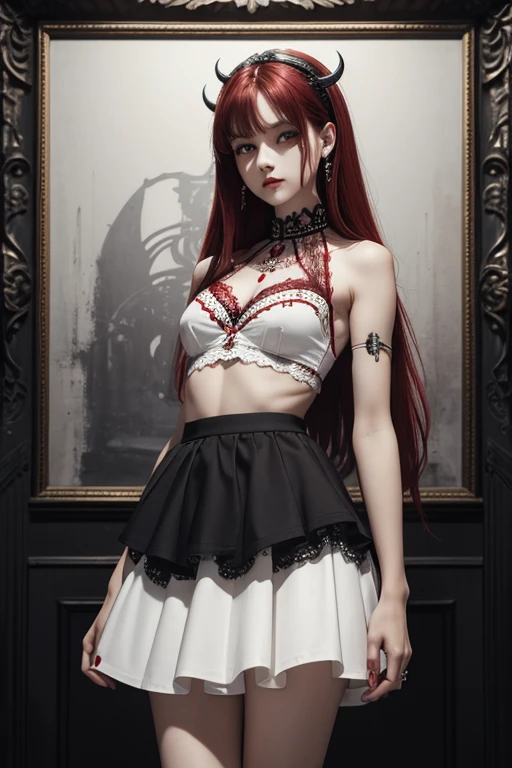 ((Masterpiece: 1.4, Best Quality))+,(Ultra Detail)+, Official Art, Unity 8k Wallpaper, Ultra Detailed, Beautiful, High Quality, Beautiful, Masterpiece, Best Quality, (Flat Chest), Full Body, Standing Painting, White Background, Red Straight Hair, Gloomy Eyes, Black Little Snake, White Theme, Red Jewelry, Studs, Black Lace Flats, Asymmetrical Skirt, Blood Stains on Skirt, Devil, Skeleton, Lots of Lace