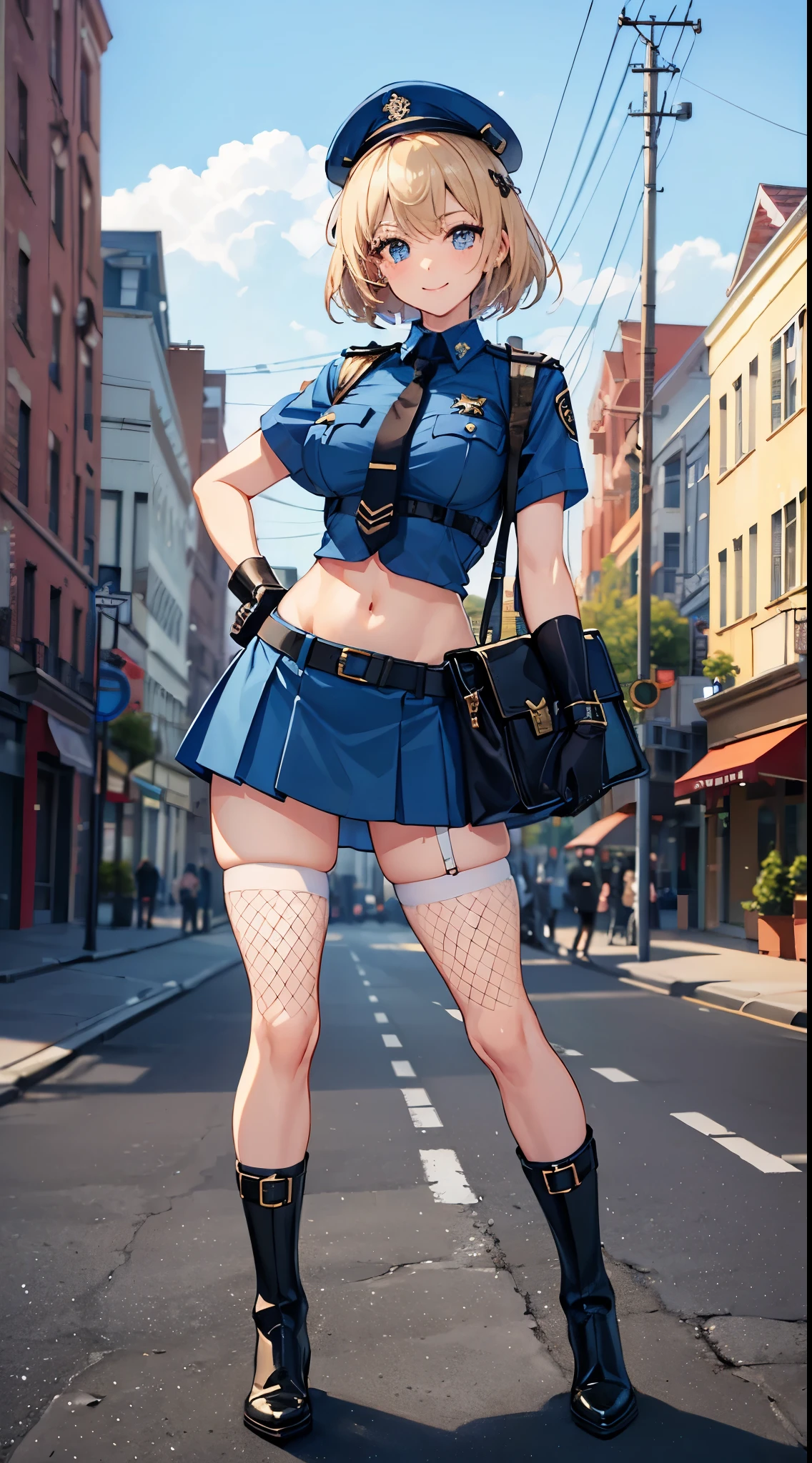 ((masterpiece: 1.3)), only 1 girl, eye focus, ((1 girl)), (((full body))), (((single boots))), ((happy)),((smiles )),((only )), mature, cowboy photo, beautiful eye detail, expressive eyes, pretty eyelashes, ((bright eyes)), (((bright eyes))), reflective eyes, bright eyes, sparkles in the eyes, 1 girl, soft smile, police uniform, police, handcuffs, handcuffs, policewoman, ((contrapposto:1.3)) ,uniform, cuffs, police hat, gloves, only, thighs, fishnet thighs, hat, tie , skirt, breasts, blush, black_gloves, blonde_hair, short hair, blunt bangs, bangs, thigh_a_thigh, belt, garters, underwear, short hair, black tie, panties, abdomen, fishnet stockings, looking at viewer, navel, blue skirt , big breasts, crop top, blue shirt, high panties, short sleeves, shirt, blue eyes, miniskirt, sweat, summer, sidewalk, trees, city, boulevard