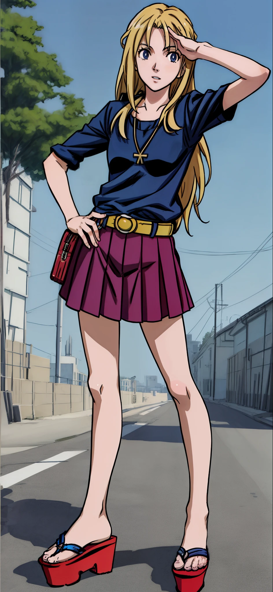 (Best Quality,4K,8K,hight resolution,masutepiece:1.2), Ultra-detailed, (Realistic,photoRealistic,photo-Realistic:1.37), rage, Unhappy,((Golden hair)), ((Medium Long Hair)),Mini One Piece,a necklace,right hand up,platform sandals,Beautiful detailed eyes, Beautiful detailed lips, extremely detailed eye and face, long eyelashes, Realistic anime 3D style, Smooth Anime CG Art, Digital rendering by Makoto Shinkai, Moe Anime Art Style, photoRealistic rendering of an anime girl, Shinkai Makoto style, Cute anime girl visuals, Realistic young anime girl, girl fan art, Created by Anime Artist'studio of.