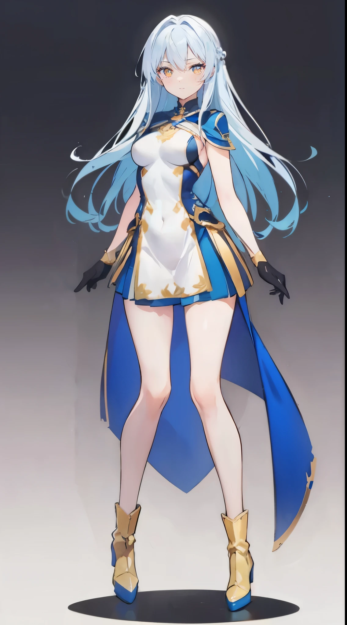 super precision,masterpiece, top-quality,(((Full body like))),One girl, Detailed eyes, (Looking at Viewer:1.2), (Beautiful face:1.2),a beauty girl,Very long hair,(Blue and white gradient hair),(((Golden Eyes))),Zito-order,A little smile,Cyberpunk clothing,Dignified attire,tights,Short boots,gloves,Slender figure,(Smaller breasts),Slimming legs,Short stature,sixteen years old,simple background,