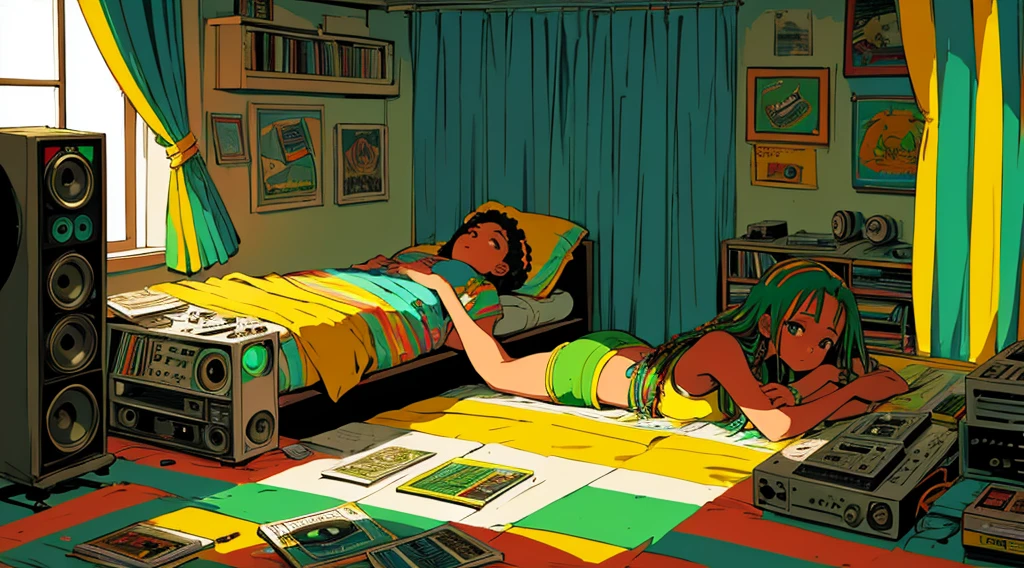 (reggae cassette tapes and records), (room with big speakers, rasta color curtains), (girl lying down), (low contrast, flat color, limited palette)