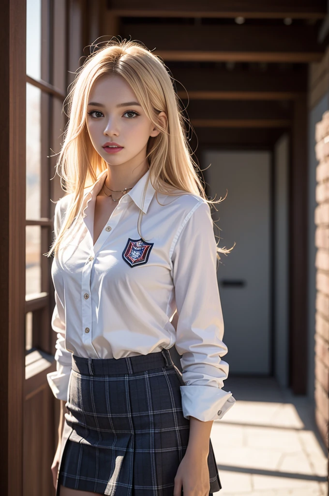 8K, Master piece, Raw photo, Highest quality, Photorealistic, High Definition CG Unity 8K Wallpaper, Depth of field, Cinematic light, Lens flare, Ray trace, (Extremely beautiful face, Beautiful lips) Long blonde hair, American high school girl, uniform, checked miniskirt, sexy body, New York, Britney Spears