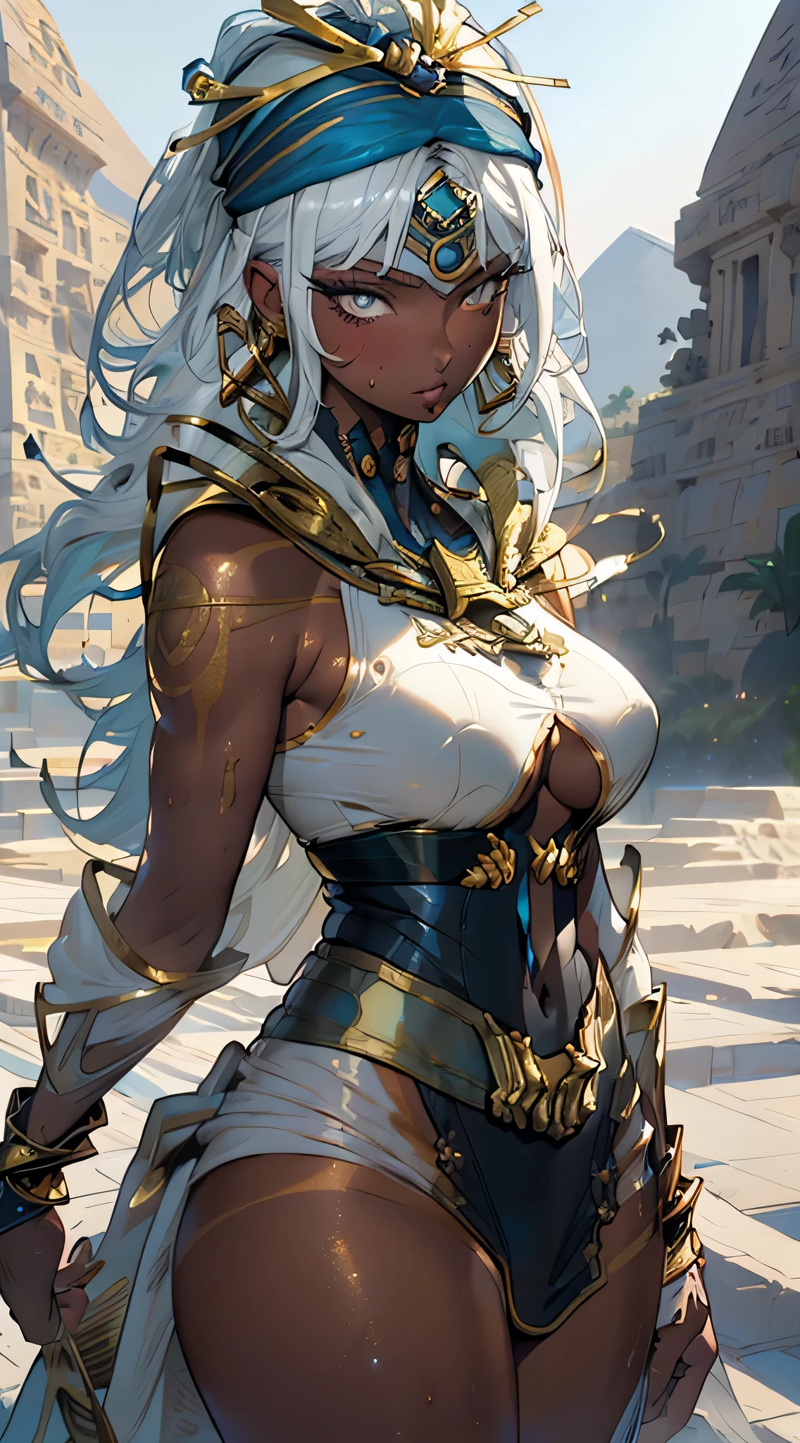 perun, girl from ancient Egypt,1girl, (large breasts:1.4),saggy breasts,((((straight hair, hair long, whitehair:1.5,colored inner hair)))),(((yellow_eyes:1.3))),intricate eyes,beautiful detailed eyes,symmetrical eyes,big eyes:1.2,((((lustrous skin:1.5,tanned skin,bright skin: 1.5,skin tanned,shiny skin,very shiny skin,shiny body)))),(spider lower abdomen,narrow waist,wide hip,athletic body,inflated legs,thick thighs),(((detailed face))),beautiful detailed lips, cute,slutty,,seductive,((erotic)),opulent,sumptuous,((nsfw)), zettai ryouiki,revealing clothing,show skin,((silky golden skin)), fleshy lips, (((Egyptian headscarf:1.5))),jewelry and bracelets, with a gold and white plunging Egyptian garb,black canvaarefoot))),egyptian outfit,((eyeshadow, egyptian makeup,eyelid makeup)),((((ceremonial gold paint all over the body)))),(((Transparent cloth:1.1,wet clothes,intricate outfit,embroidered outfit,ornate outfit,embroidered clothes,ornate clothes))), dynamic and seductive pose,looking at viewer,embarrassed,centered,scale to fit dimensions,Rule of thirds, outdoors,(egyptian palace,egyptian palace background,pyramids in the background),scenery,(oasis,oasis background),extremely scenery,(puddles everywhere,moss,moss on the background),clouds,Egypt style,Egypt castle,lily pads,palms,reeds,(sunset, golden hour), (Glossy Egyptian ornaments),(top-quality,8K,32K,masterpiece),high resolution,(Photorealistic:1.4),Ray tracing,Sun glare,depth of fields,By backlight effect,Add depth to your screen,(((vibrant colors,vibrant theme))),(intricate),(high contrast,photorealistic artwork:1.37),(best quality,4k,highres,masterpiece:1.2),ultra-detailed,(realistic,photorealistic,photo-realistic:1.37),professional,