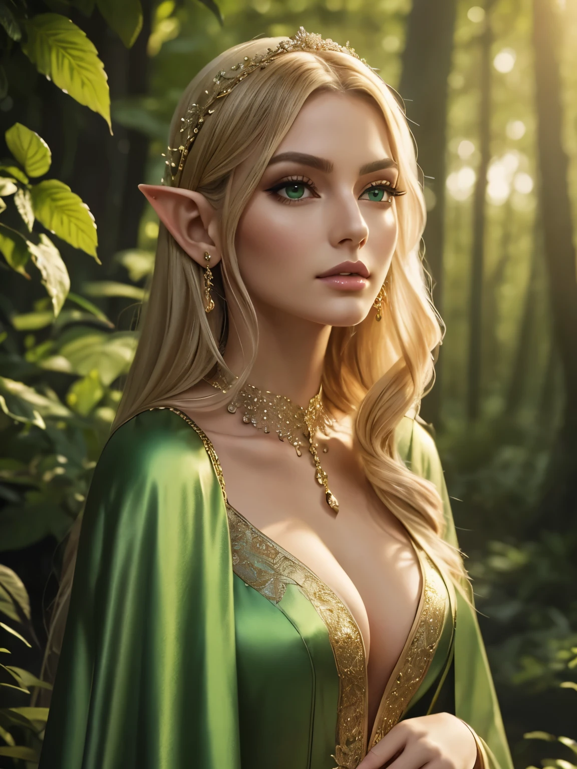 Masterpiece illustration, very detailed face, an immortal elf with timeless beauty, long elegant slim face, defined cheekbones, stunning and beautiful, detailed eyeliner and eyeshadow, elegant light hair, enchanting and elegant, detailed full cleavage, sexy and slim figure, elegantly sexy, silk cape, fine green silk clothes, in a vibrant magical forest, ambient light, rim light,