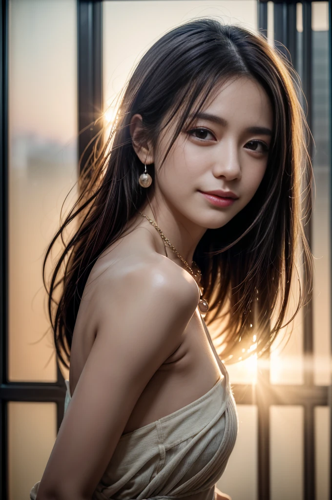 ((Photoreal Stick:1.5, masutepiece:1.5, RAW shooting, 8K)), ((top-quality, masterpiece, 超A high resolution)), early morning, sunrises, ((Shoot with blur:1.7)), ((fog the lens:1.6)), ((reflect light onto the lens:1.7)), ((Sunlight coming in from behind:1.7, The sunlight of the morning sun spreads across the screen:1.7)), ((The morning sun shines in front of the woman:1.8)), ((The entire screen appears white and hazy:1.8)), ((The woman looks dim in the morning sunlight:1.9)), Face Sharp Focus:1.3, Professional camera work:1.3, Highly detailed skin and facial texture:1.3, Grow Light Effect, The ultra-detailliert:1.3, 1girl in, Fair skin, (Sense of clarity:1.4, a small face), Extremely beautiful face:1.5, (Sense of clarityを感じる目:0.9, looking distantly), A smile:1.0, i love you completely:0.8, (Slightly open mouth:0.4, Sense of clarityを感じる口当たり:0.7), 二重まぶた, Dark brown medium hair, necklace and earrings