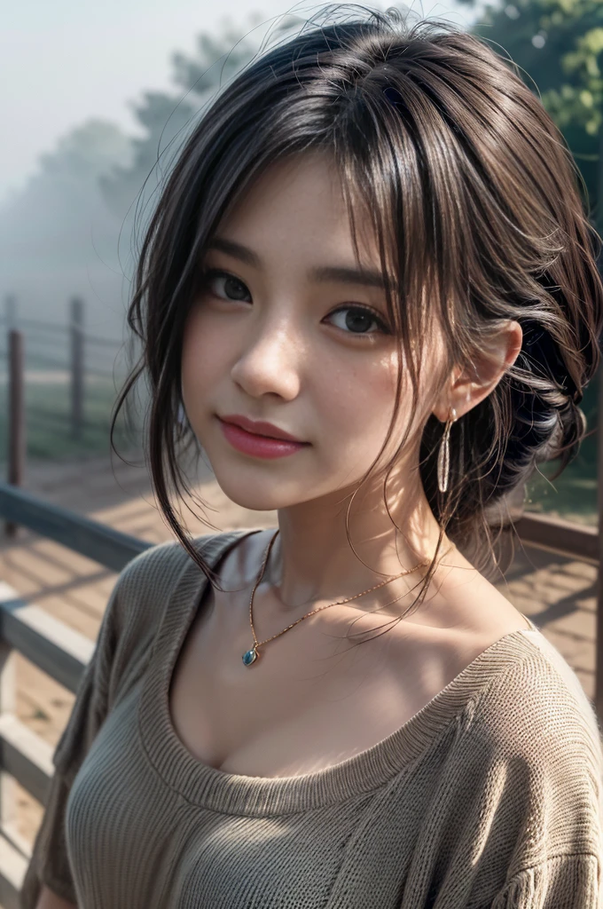 ((Photoreal Stick:1.5, masutepiece:1.5, RAW shooting, 8K)), ((top-quality, ​masterpiece, 超A high resolution)), early morning, sunrises, ((Shoot with blur:1.7)), ((fog the lens:1.6)), ((reflect light onto the lens:1.7)), ((Sunlight coming in from behind:1.7, The sunlight of the morning sun spreads across the screen:1.7)), ((The morning sun shines in front of the woman:1.8)), ((The entire screen appears white and hazy:1.8)), ((The woman looks dim in the morning sunlight:1.9)), Face Sharp Focus:1.3, Professional camera work:1.3, Highly detailed skin and facial texture:1.3, Grow Light Effect, The ultra-detailliert:1.3, 1girl in, Fair skin, (Sense of clarity:1.4, a small face), Extremely beautiful face:1.5, (Sense of clarityを感じる目:0.9, looking distantly), A smile:1.0, i love you completely:0.8, (Slightly open mouth:0.4, Sense of clarityを感じる口当たり:0.7), 二重まぶた, Dark brown medium hair, necklace and earrings