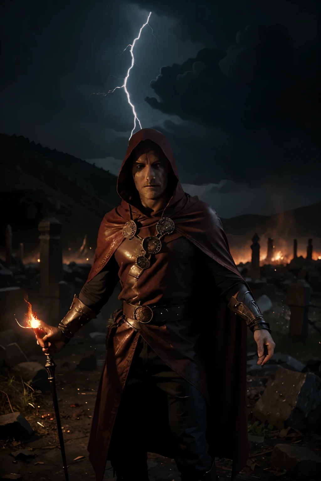 A blood man mage, detailed red tunic, torn red cape, majestic scepter, red aura, dark and mysterious atmosphere, ancient ruins, flickering candlelight, intricate blood magic runes, intense concentration, sinister smile, blazing fire in the background, ominous shadows, glowing red eyes, arcane symbols, mystic energy, swirling clouds of crimson mist, blood-stained hands, powerful incantation, lightning bolts swirling around, ominous chanting, ethereal whispers, eerie silence, foreboding presence, blood-red moon, eerie moonlight, hauntingly beautiful, intense magical power, malevolent presence, spellbinding mastery. --s 1000