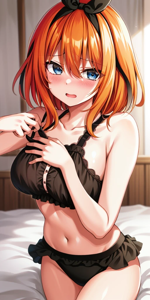 2D, ​masterpiece, top-quality, animesque, ighly detailed, 1girl in, 独奏, cowboy  shot, Yotsuba Nakano, orange color hair, Hair bow,  middlebreast, black bra with frills,Black T-back,bedroom,sexy  pose,embarrassed from