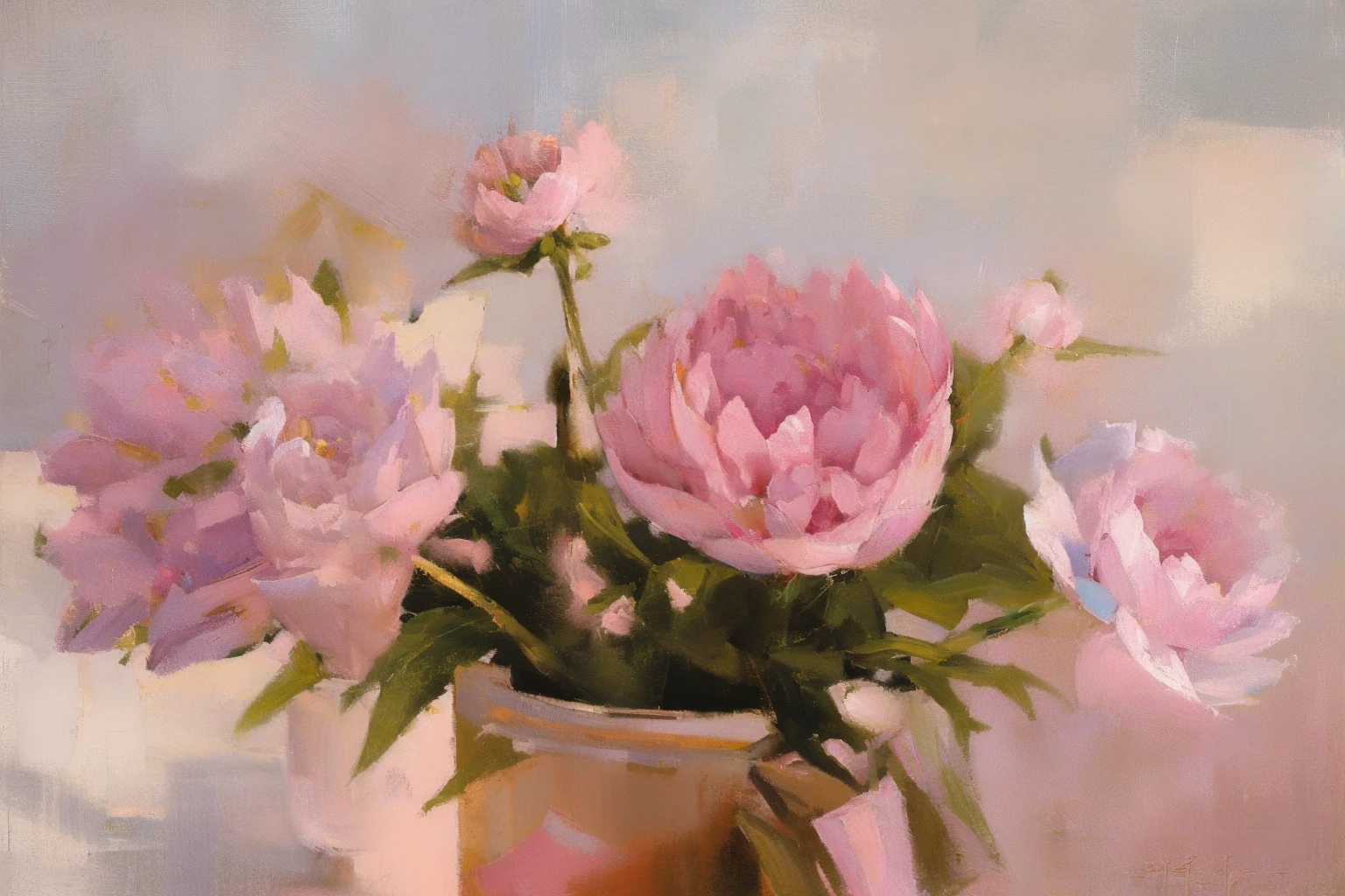 There are many pink and white flowers in the vase, Peonies, Peonies flowers, Peonies, many Peonies, Peonies flower, Light pink tones, the platonic ideal of flowers,and the sun was shining brightly, oil painted, Impresionismo, author：Ilya Ostrokhov, pleasing