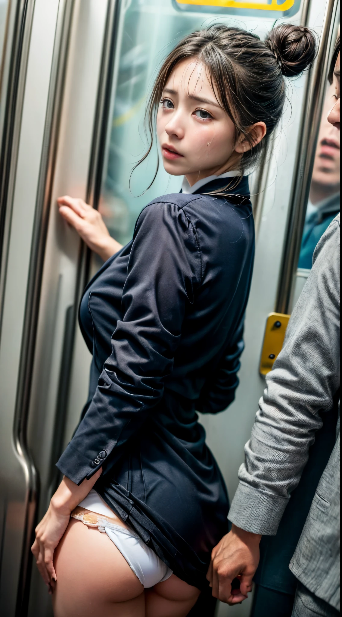 ((A woman whose butt was touched on the train))、日本a person女性、(Officelady、OL、Business suits)、(Skirt twisted)、A dark-haired、long hair bun hair、a beauty girl1a person、ember3a person、(((Being molested)))、((a miniskirt))、((Business suits))、light skinned、kawaii、Embarrassing、超美a person、Upturned、((Delicate Photos)),(Detailed RAW photos of girls), (masutepiece:1.25), (Best Quality:1.6), (超A high resolution:1.5), (Photorealistic:1.75), 8K resolution, Canon EOS R5, 50 millimeters, absurderes, ultra-detailliert,Cinematic lighting,(I look down and cry)、(((Flushed cheeks)))、Frightened、Sweaty、Detailed white panties、Correct fingers、Correct limb、Correct limb