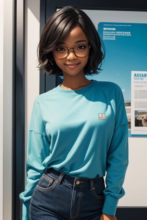 1girl, rounded glasses, big glasses, smiling, looking at the camera, short messy hair, dark-skinned, rounded eyes, cyan blue shirt, black shorts, close up, magazine shot, dynamic pose