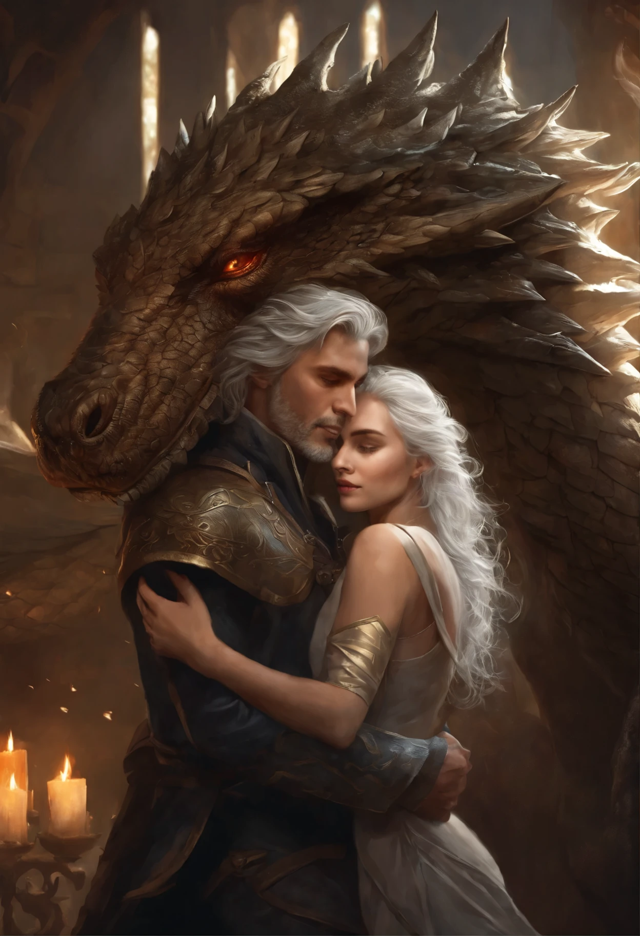 close-up of a woman with brown curls hugging a white-haired man, children running around the dragon, epic fantasy art style, dark fantasy style art, detailed fanart, fantasy portrait, artistic portrait in epic fantasy style, graphic artist magali villeneuve, male portrait in fantasy style, The Man with the Soul of a Dragon, epic fantasy style art, epic fantasy digital art style