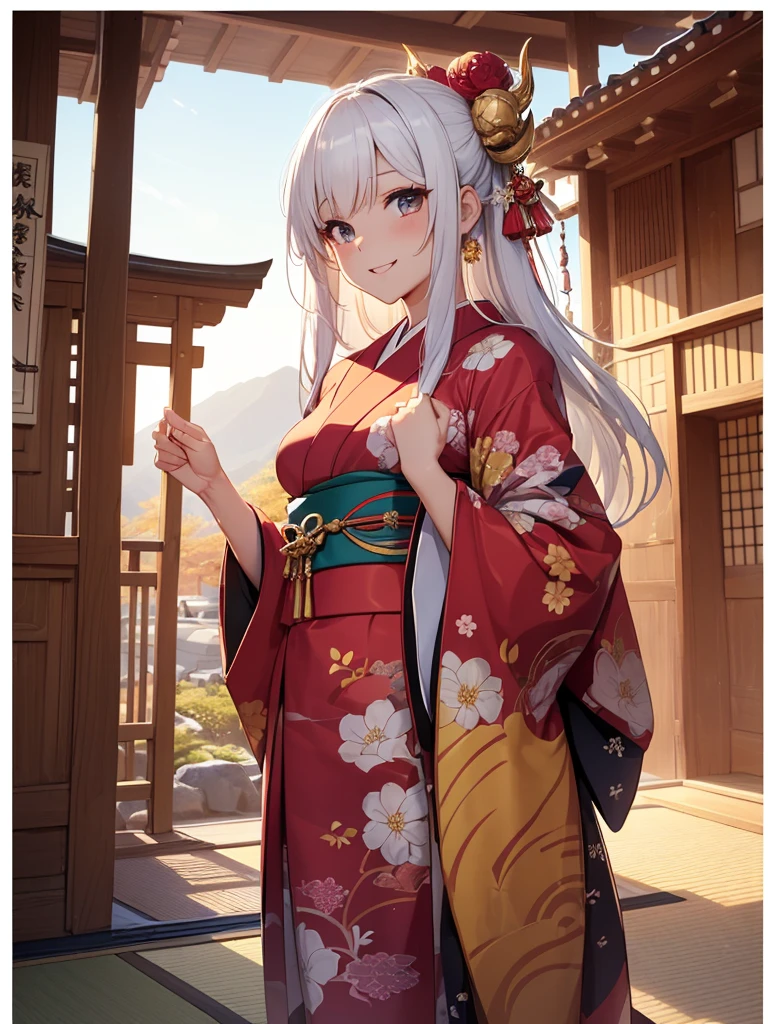 top-quality、Top image quality、Dagashi Teru Piece、Super beautiful Japanese beauty((24 year old、Japan kimono、Best Bust、big bast、Bust 90,beautiful long ironed hair、silber hair、White hair、Kanzashi、A slender、a closeup、Esbian、Beautiful Japan hair、Kanzashi、hiquality、Beautiful Art、morning、Superb Piece、visualart、depth of fields、low angles、devil of light、Happy smile、Gentle light、、Beautiful legs that are gentle on the skin、、、Number of fingers to achieve precise finger movements、ティッカーBeautiful decoration、elegent、Mystical Palace of the Japan、japanese temples、、Beautiful decoration,Japan Kimono 1.3,、japanese art on behance、shenronの模様、shenronの装飾、Dragon Decoration、、Painting by Sotatsu Tawaraya、screen、gold foil、神shenron、New Year、Happy New Year⛩、sunrises、morningの瞬間、Inside the shrine、金screen、cute shenron、shenron、gold foil、screenの前、Tatami room、kyoto palace、Kyoto Imperial Palace、formal outfit、hand-held mini dragon