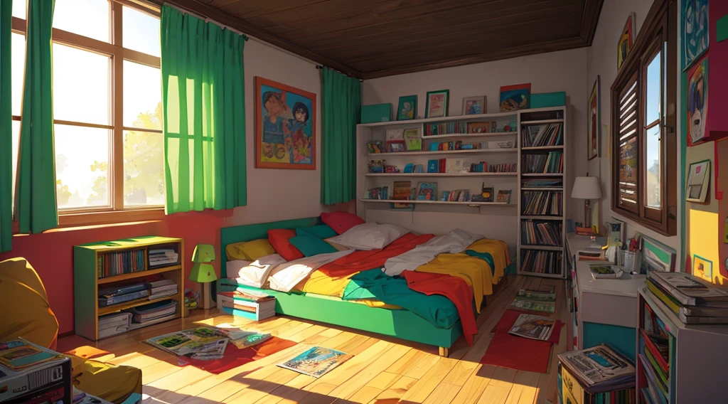(reggae cassette tapes and records), (room with big speakers, rasta color curtains), (1 girl, lying), (low contrast, flat color, limited palette)