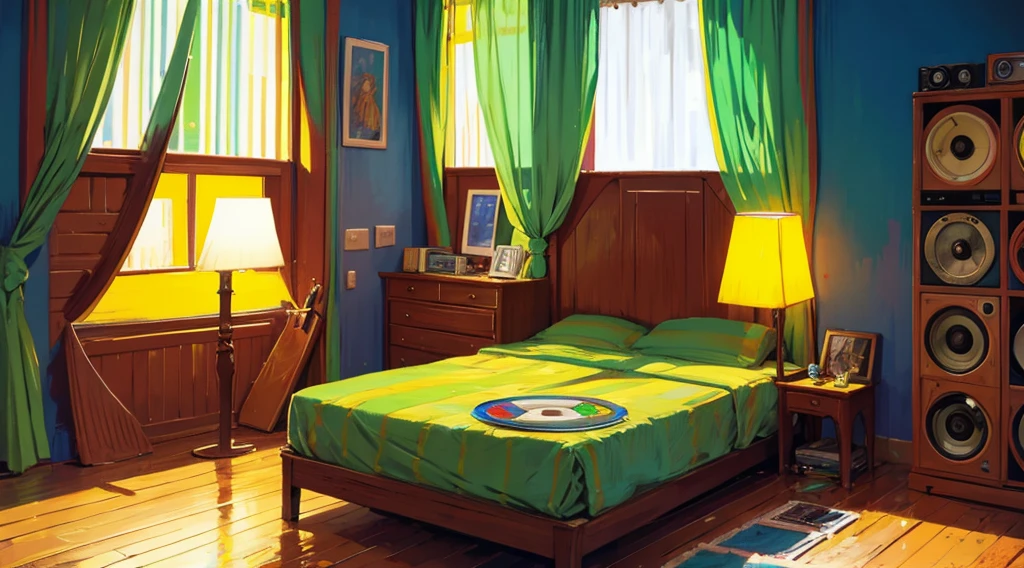 (reggae cassette tapes and records), (room with big speakers, rasta color curtains), (1 girl, lying), (low contrast, flat color, limited palette)