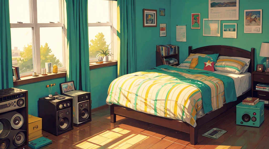 (reggae cassette tapes and records), (room with big speakers, rasta color curtains), (1 girl, lying), (low contrast, flat color, limited palette)