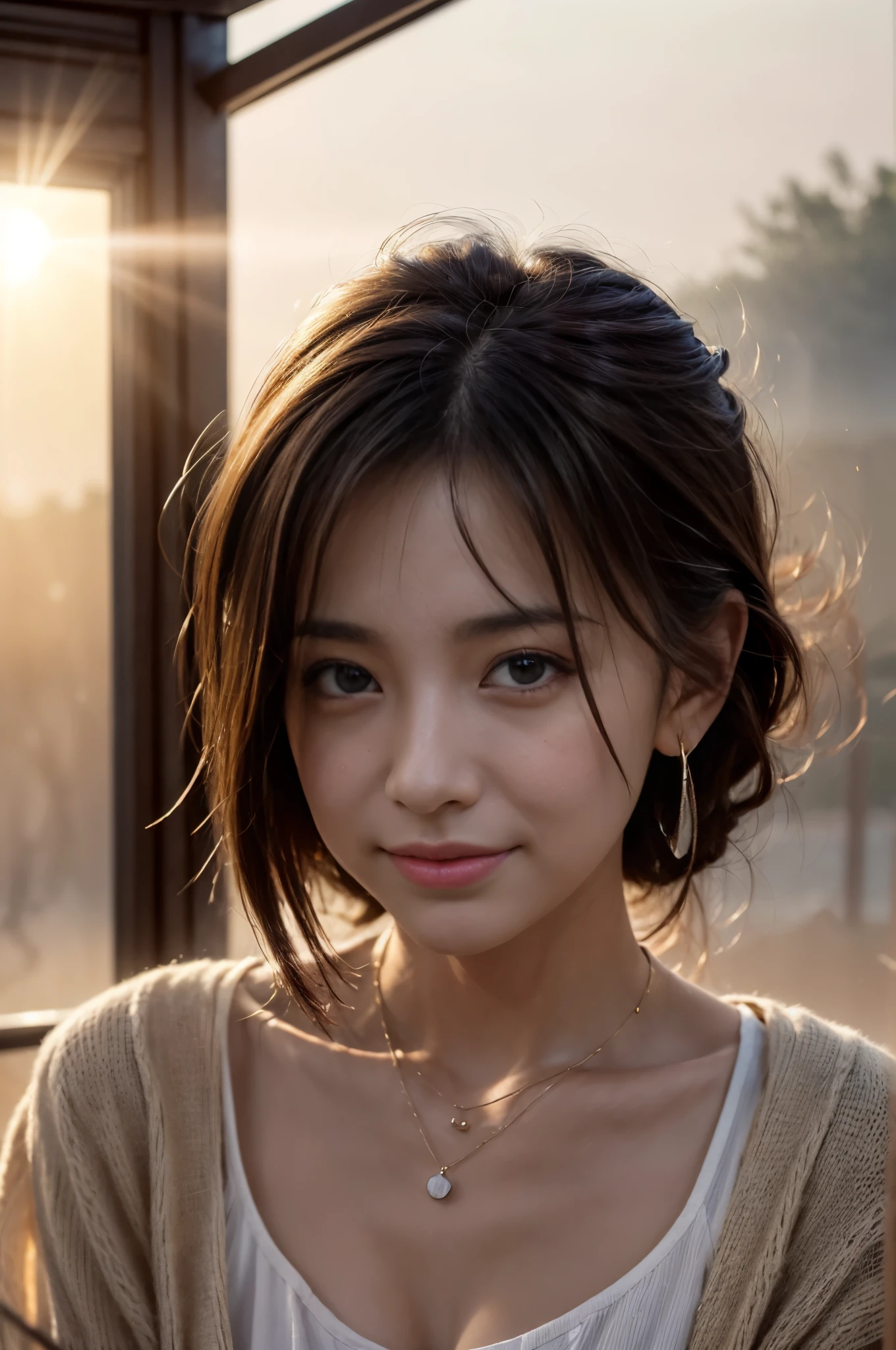((Photoreal Stick:1.5, masutepiece:1.5, RAW shooting, 8K)), ((top-quality, masterpiece, 超A high resolution)), ((Shoot with blur:1.7)), ((fog the lens:1.6)), ((reflect light onto the lens:1.6)), ((sunrises, Sunlight coming in from behind:1.7, The sunlight of the morning sun spreads across the screen:1.7)), ((The morning sun shines in front of the woman:1.8)), ((The entire screen appears white and hazy:1.8)), ((The woman looks dim in the morning sunlight:1.9)), Face Sharp Focus:1.3, Professional camera work:1.3, Highly detailed skin and facial texture:1.3, Grow Light Effect, The ultra-detailliert:1.3, 1girl in, Fair skin, (Sense of clarity:1.4, a small face), Extremely beautiful face:1.5, (Sense of clarityを感じる目:0.9, looking distantly), A smile:1.0, i love you completely:0.8, (Slightly open mouth:0.4, Sense of clarityを感じる口当たり:0.7), 二重まぶた, Dark brown medium hair, necklace and earrings
