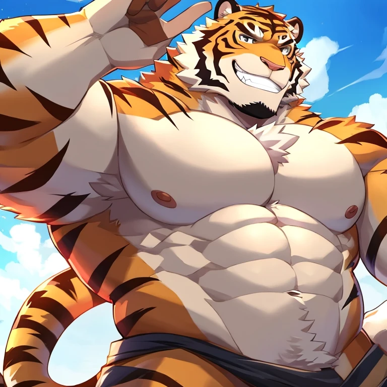 score_9_up, score_8_up, 1boy, (red tiger), a tiger tail, nude, muscular, source_furry, rating_explicit, adult, handsome, solo, (a big white penis), balls, (detailed black eyes), detailed face, black eyebrows, pink nipples, blush, medium shot, masterpiece, high res, best quality, nsfw, lineart, nude beach