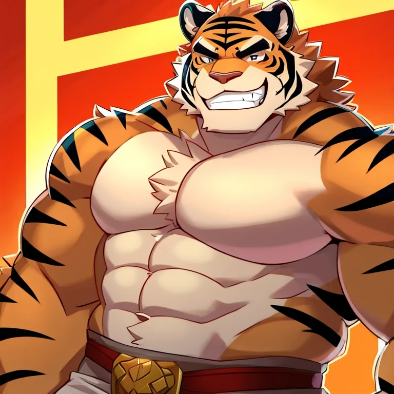 A tiger man,Burly,Detailed character details,grin,Reached