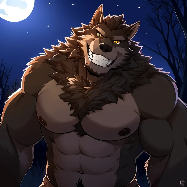 A werewolf，Burly，Detailed character details，grin