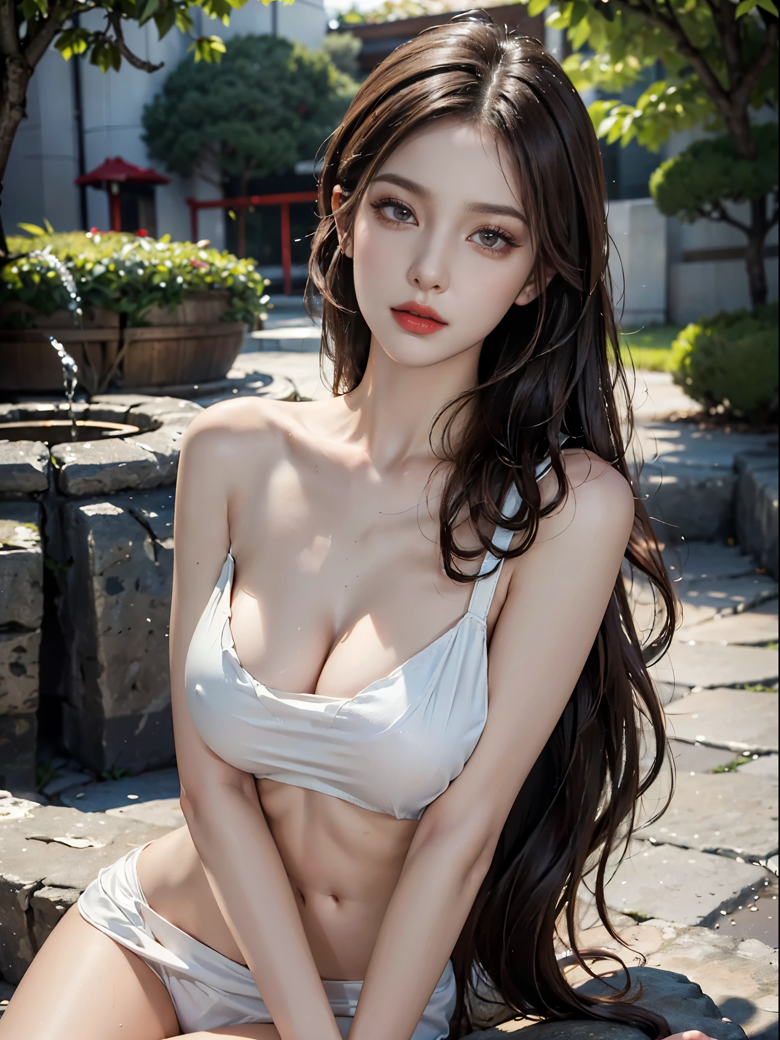 fashi-girl,red lips,mature female,makeup, (Best quality, 8k, Masterpiece :1.3), (realistic, photorealistic: 1.37), (1girl), (Pretty woman in her 20s), (slim), (emphasizing slender abs :1.3), (Japanese), (random pose), breasts, exposed cleavage ((dark brown hair)), exquisite facial features, open show, ((Naked)), Five star Hotel view city, Super fine face, Fine eyes, Double eyelids,(wet body), (long hair, random hairstyle), (large breasts :1.3), (outdoors), (Ultra-detailed face), (Detailed eyes), (Double eyelids), (eyeshadow intensifying), (many eyelashes), (long legs), (professional lighting), (photon mapping), (radiosity), (looking directly at viewer)