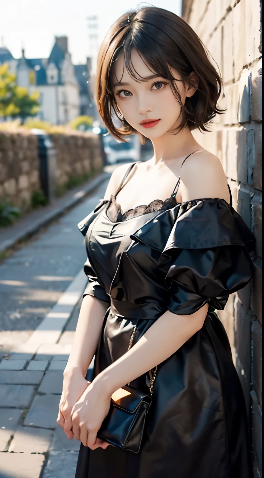 one girl, (a beauty girl, delicate girl:1.3), (18-year-old, Gal:1.3),
break, (Black lace stretch camisole mini dress,Off the shoulder:1.3),White lace panties,
break, Very fine grain definition, (Symmetrical eyes:1.3),
break, (Street view:1.3), (From the back, Lean forward:1.3),
break, Mid-chest, Brown eyes, Parted bangs, Brown Hair, girl,Short Bob Hair,
break, (Eyes and facial details:1.0),
break, (masterpiece, highest quality, Super detailed, Detailed face, 8k),Shot to the knee,((nsfw)),