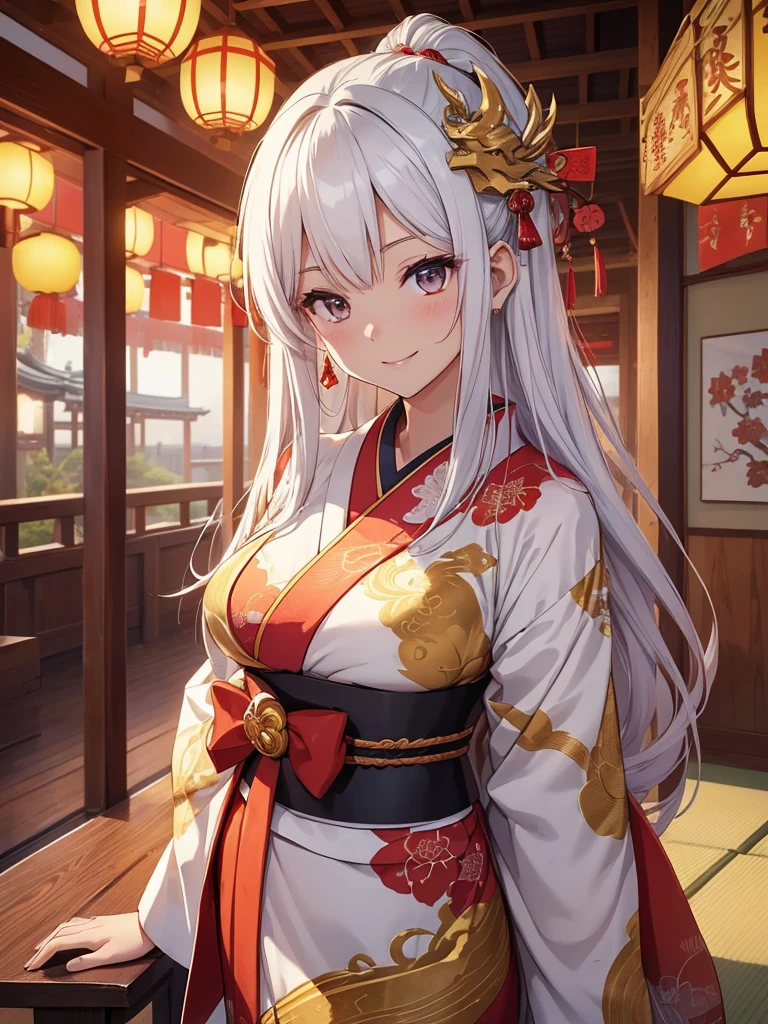 top-quality、Top image quality、Dagashi Teru Piece、Super beautiful Japanese beauty((24 year old、Japan kimono、Best Bust、big bast、Bust 90,beautiful long ironed hair、silber hair、White hair、Kanzashi、A slender、a closeup、Esbian、Beautiful Japan hair、Kanzashi、hiquality、Beautiful Art、morning、Superb Piece、visualart、depth of fields、low angles、devil of light、Happy smile、Gentle light、、Beautiful legs that are gentle on the skin、、、Number of fingers to achieve precise finger movements、ティッカーBeautiful decoration、elegent、Mystical Palace of the Japan、japanese temples、、Beautiful decoration,Japan Kimono 1.3,、japanese art on behance、shenronの模様、shenronの装飾、Dragon Decoration、、Painting by Sotatsu Tawaraya、screen、gold foil、神shenron、New Year、Happy New Year⛩、sunrises、morningの瞬間、Inside the shrine、金screen、cute shenron、shenron、gold foil、screenの前、Tatami room、kyoto palace、Kyoto Imperial Palace、formal outfit、hand-held mini dragon
