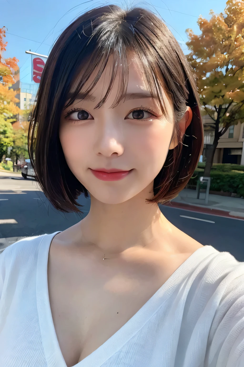 randome pose, mix4, (8K, Raw photography, top-quality, ​masterpiece: 1.45), (realisitic, Photorealsitic: 1.37), 一人のgirl with, cute little, A smile、Cityscape, natta, profetional lighting, plain,a park,photon maping, Radio City, physically-based renderingt, Gradient black hair, white  hair, Straight short bob cut,gals,a handsome, girl with, large full breasts,long-sleeve,Manteau,Autumn clothes,Autumn clothes装,top-qualityの写真, hight resolution, 1080p, (clearface), (Detailed face description), (Detailed hand description), (​masterpiece), 逼真, extreme light and shadows, dishevled hair, ​masterpiece, lush detail, (Fine facial features), (Highest Quality Photos), (​masterpiece), (finely eye), dual、Look in front of you, Fine clavicle,Emphasis on the armpits、Show lower milk,