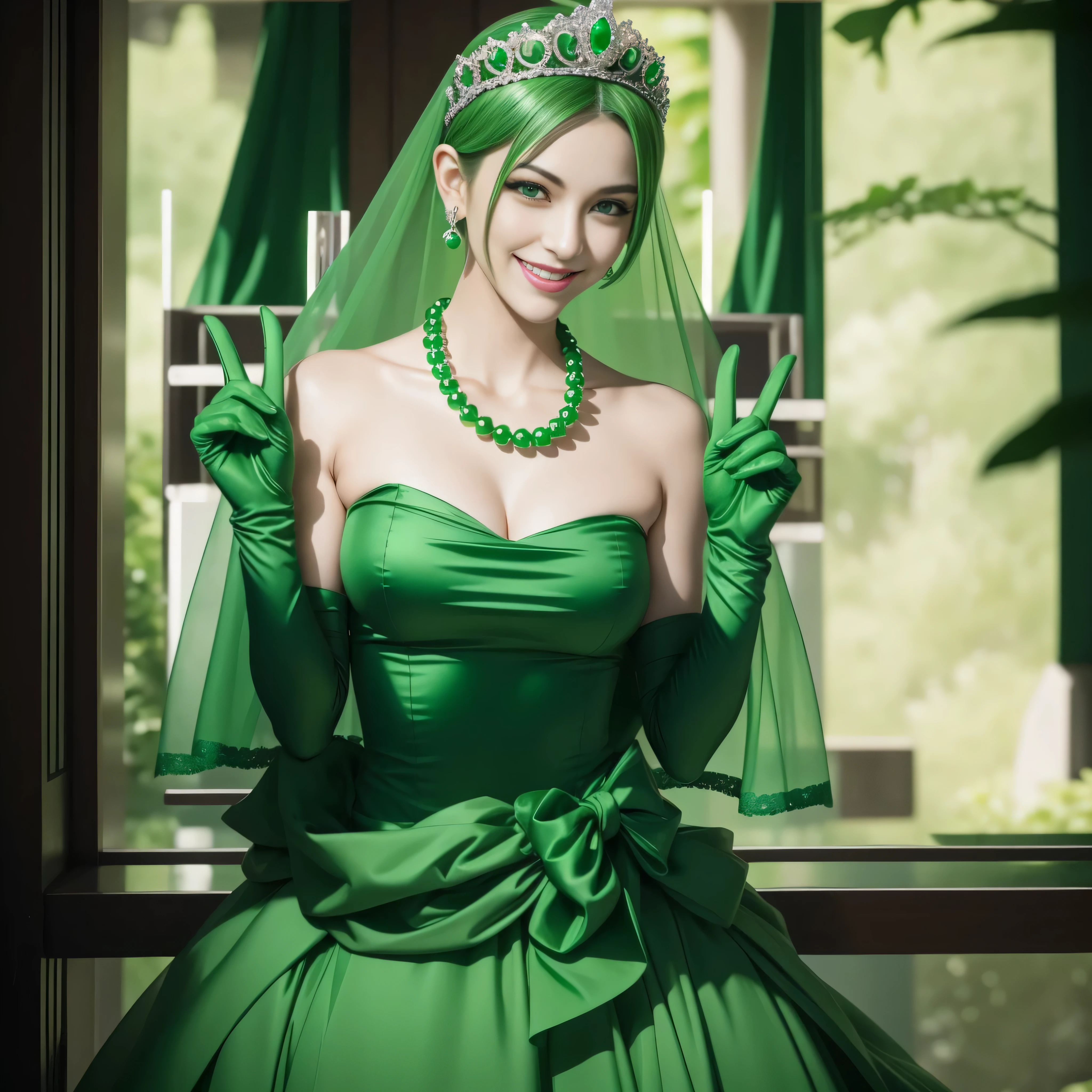 emerald tiara, Green Pearl Necklace, Boyish very short green hair, lipsticks, Japan woman smiling, very short short hair, big breasts beautiful, Green eyes, Long green gloves made of satin material, Green eyes, Emerald Earrings, green vale, v sign