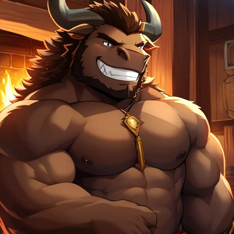 a minotaur,Burly,Detailed character details,grin