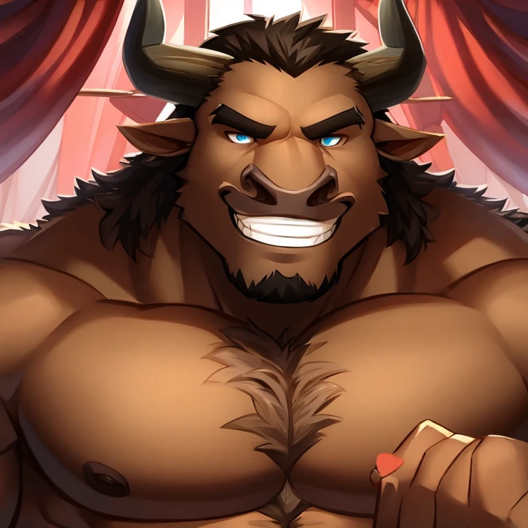 a minotaur，Burly，Detailed character details，grin