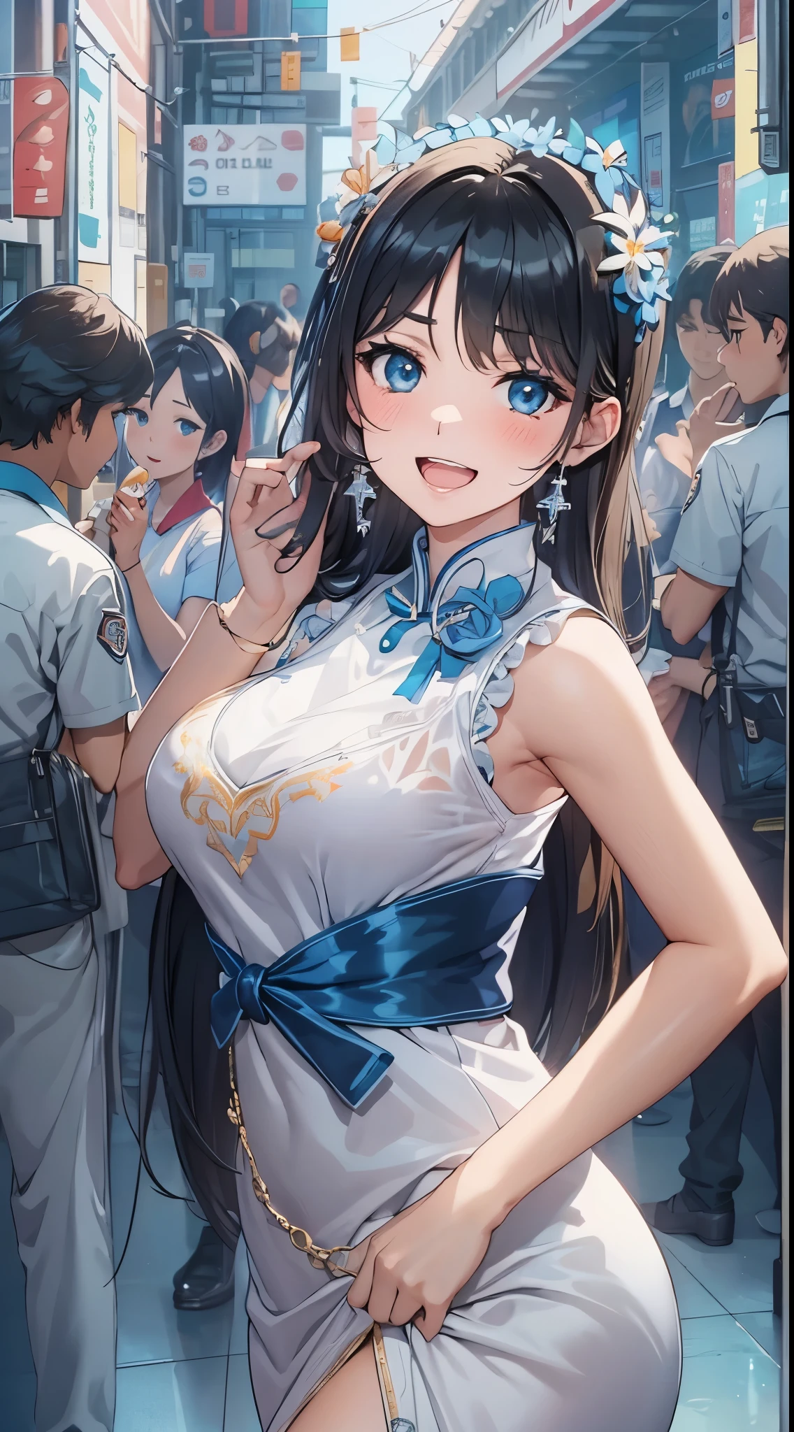 1womanl,Black hair,years ,(()),Beautiful breasts,(((sexy white and blue shiny cheongsam)))(())(((Blushing cheeks、Smile with open mouth)),(((Satin Narico))),((( portlate))),Crowds,white and blue cheongsam
