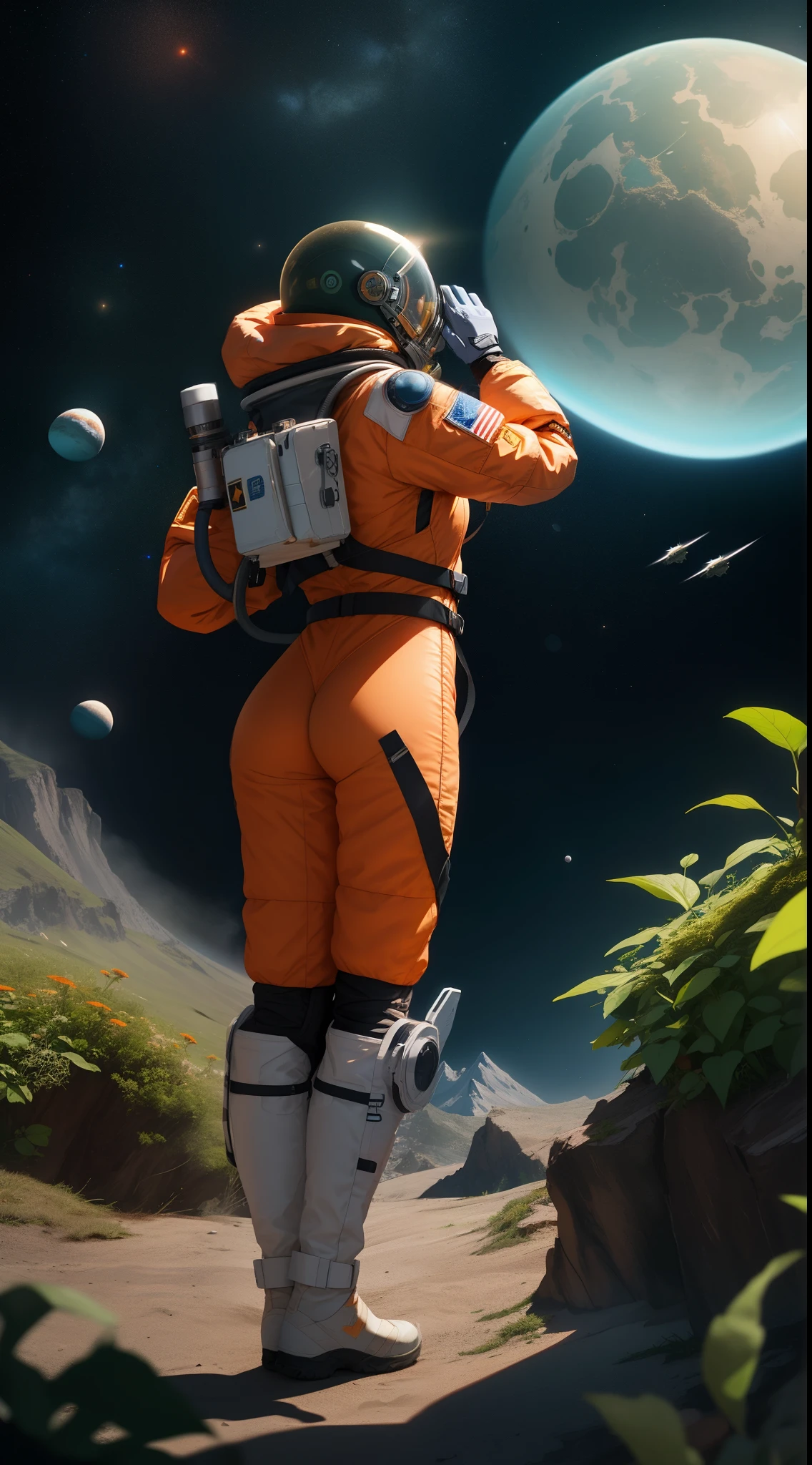 Highly detailed RAW color Photo, Rear Angle, Full Body, of (female space soldier, wearing orange and white space suit, helmet, tined face shield, rebreather, accentuated booty), outdoors, (looking up at advanced alien structure, on alien planet), toned body, big butt, (sci-fi), (mountains:1.1), (lush green vegetation), (two moons in sky:0.8), (highly detailed, hyperdetailed, intricaens flare:0.7), (bloom:0.7), particle effects, raytracing, cinematic lighting, shallow depth of field, photographed on a Sony a9 II, 50mm wide angle lens, sharp focus, cinematic film still from Gravity 2013