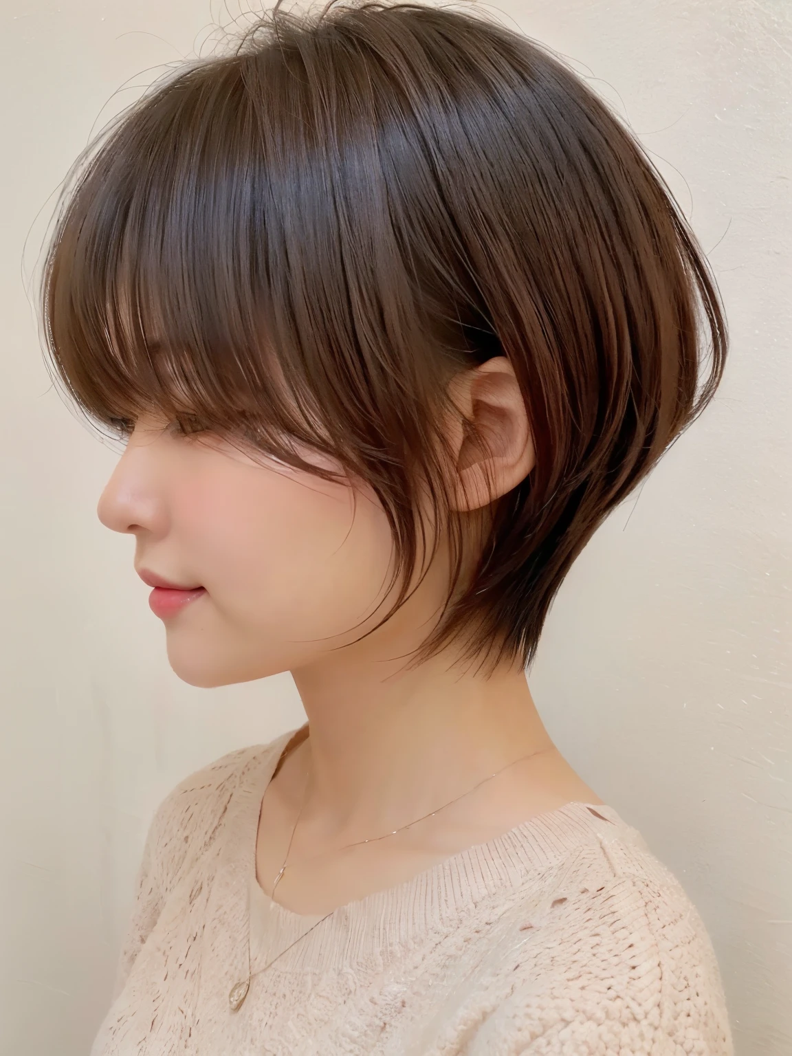 Concrete background、(8K、Raw photography、top-quality、masterpiece:1.2)、high-definition RAW color photography、professional photograpy、(realisitic、フォトrealisitic:1.37)、Shot in natural light、1girl in、A smile、Poses variadas、Crouch down、crouching down、BREAK (Ombre:1.3) 、Winter clothes、 Necklace、light pink knit、(Beautiful profile:1.3)、Don't look at the camera、profile、short-cut、((Brown hair)、short-hair