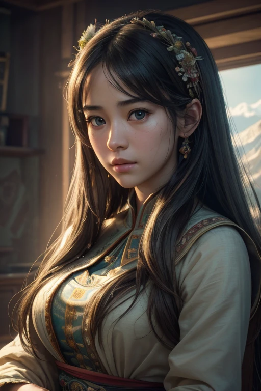 (RAW photo, best quality), (realistic, photo-realistic:1.3),best quality,highly detailed,masterpiece,ultra-detailed,illustration,1girl,upper_body,dynamic angle,world masterpiece theater,messy_long_hair,best quality,extremely detailed CG unity 8k wallpaper,ink,Amazing,cinematic lighting,lens_flare, dunhuang_style